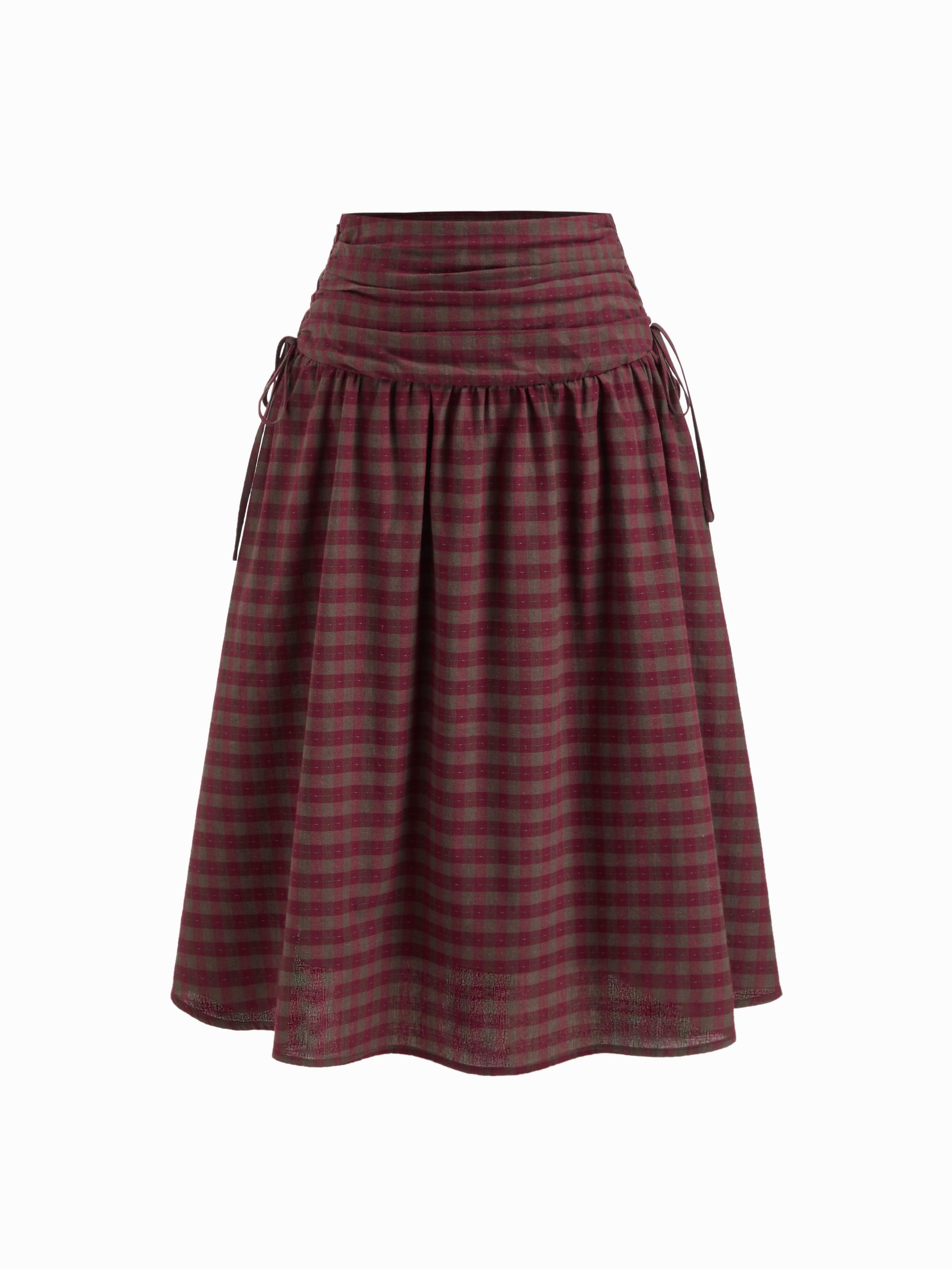 Cotton Mid Rise Plaid Bowknot Ruched Midi Skirt by CIDER
