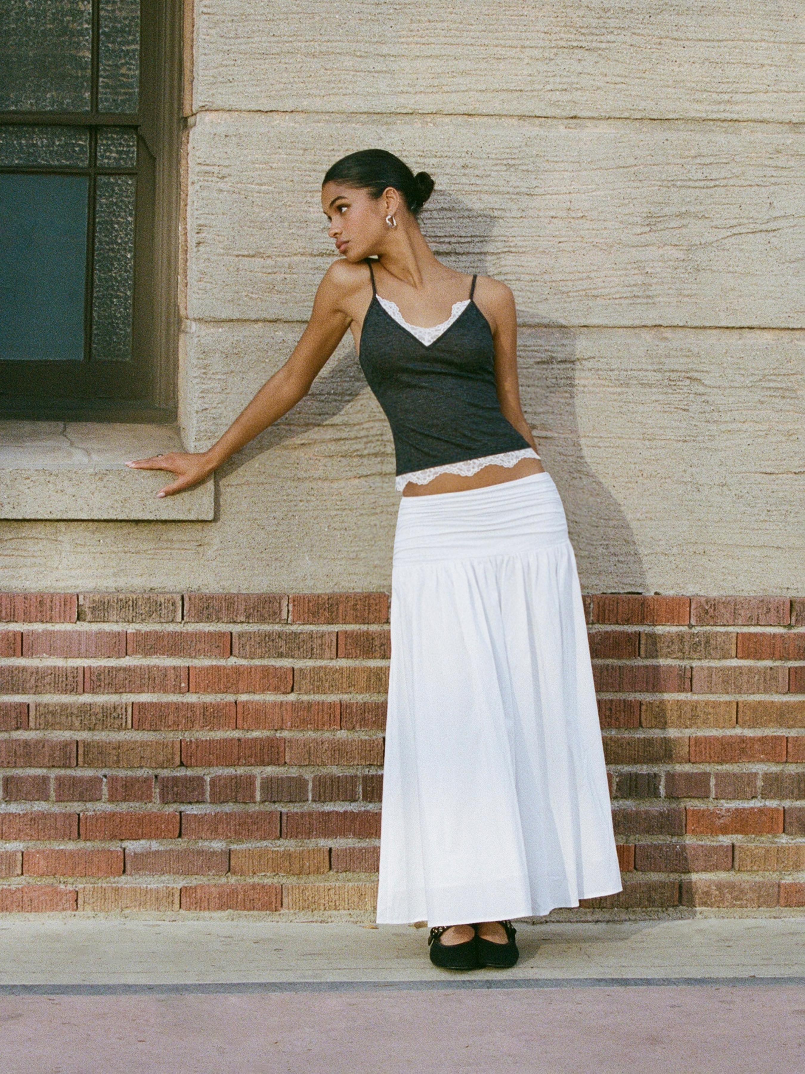 Cotton Mid Rise Ruched Drawstring Flared Maxi Skirt by CIDER