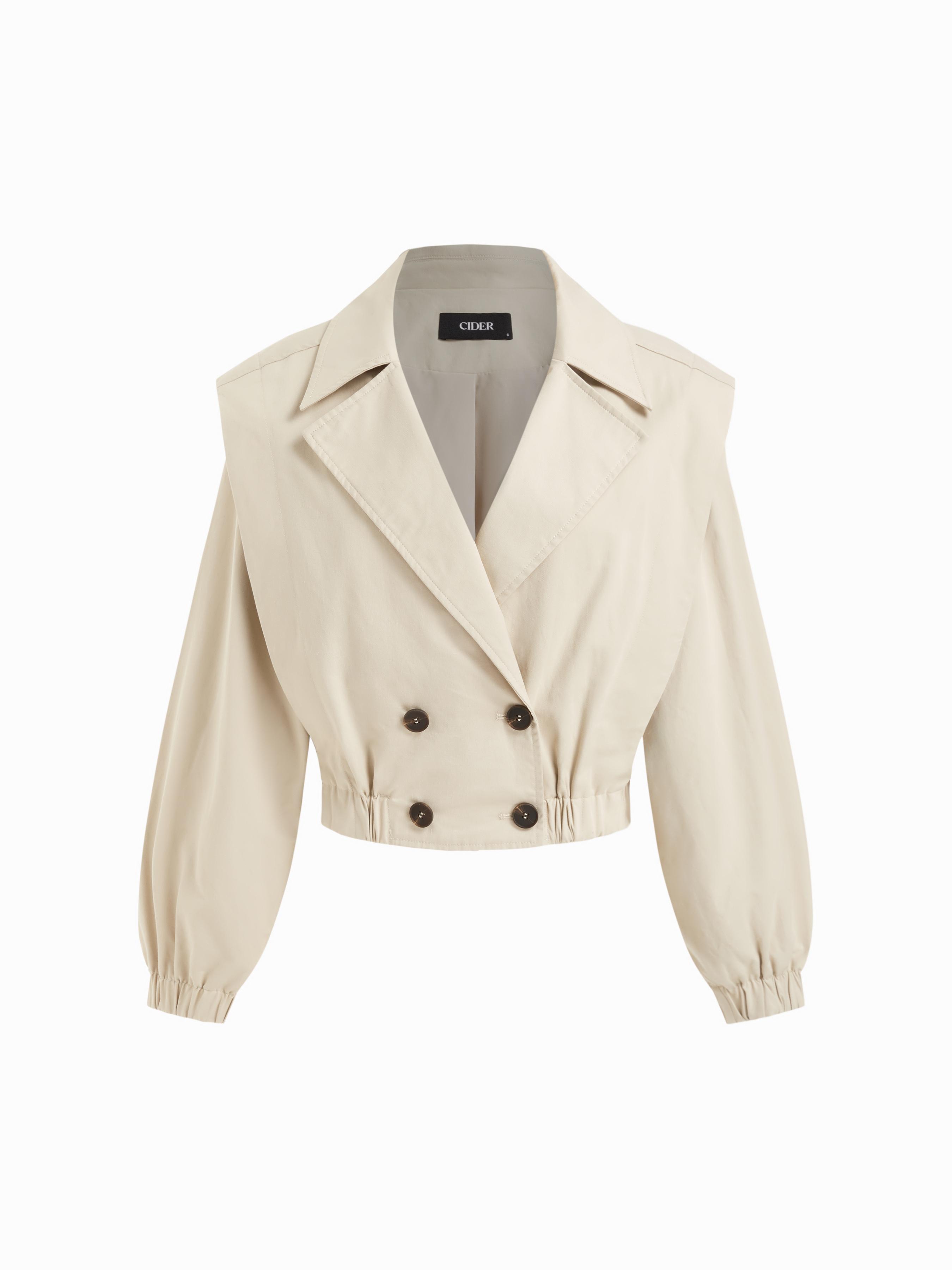 Cotton Notched Collar Double Breasted Elastic Waist Cropped Jacket by CIDER