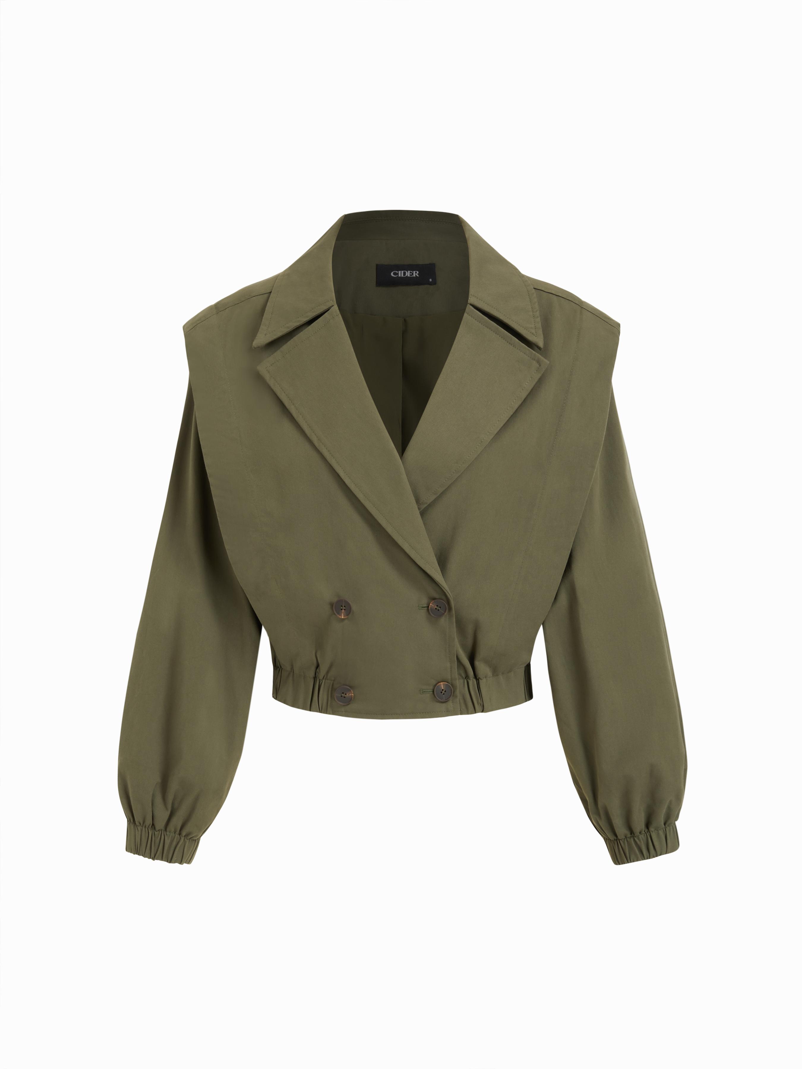 Cotton Notched Collar Double Breasted Elastic Waist Cropped Jacket by CIDER