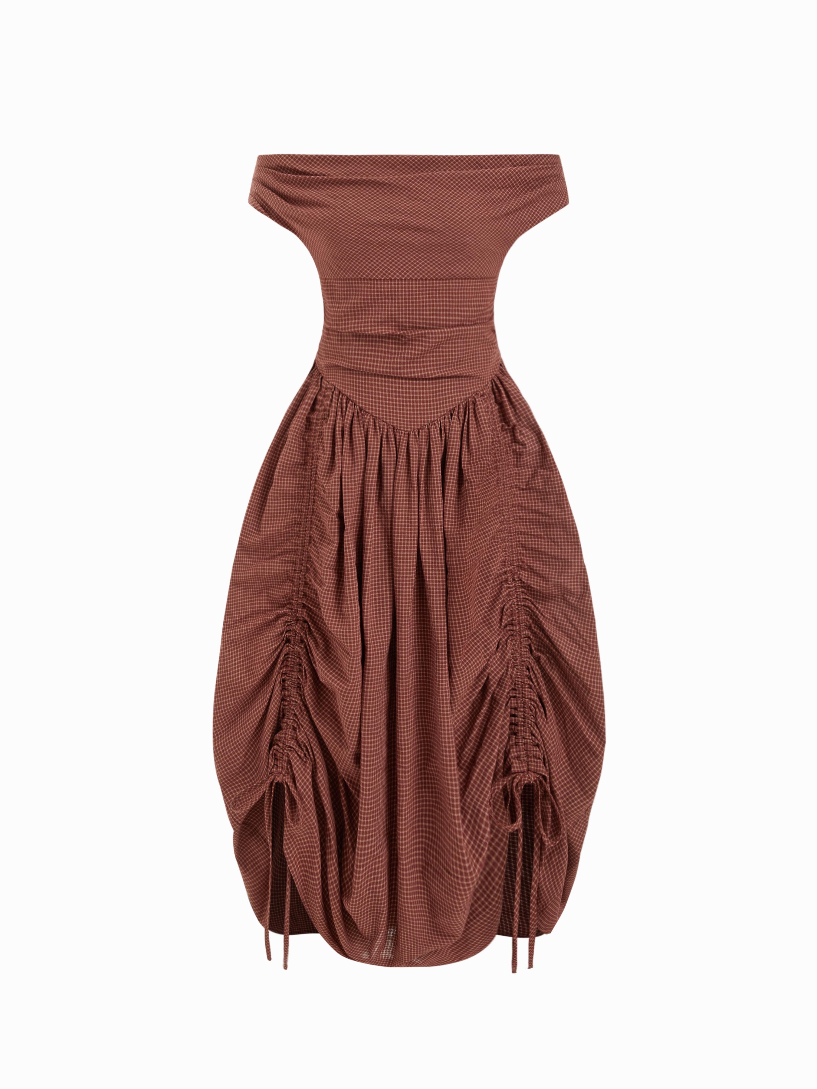 Cotton Off-Shoulder Plaid Draped Maxi Dress by CIDER