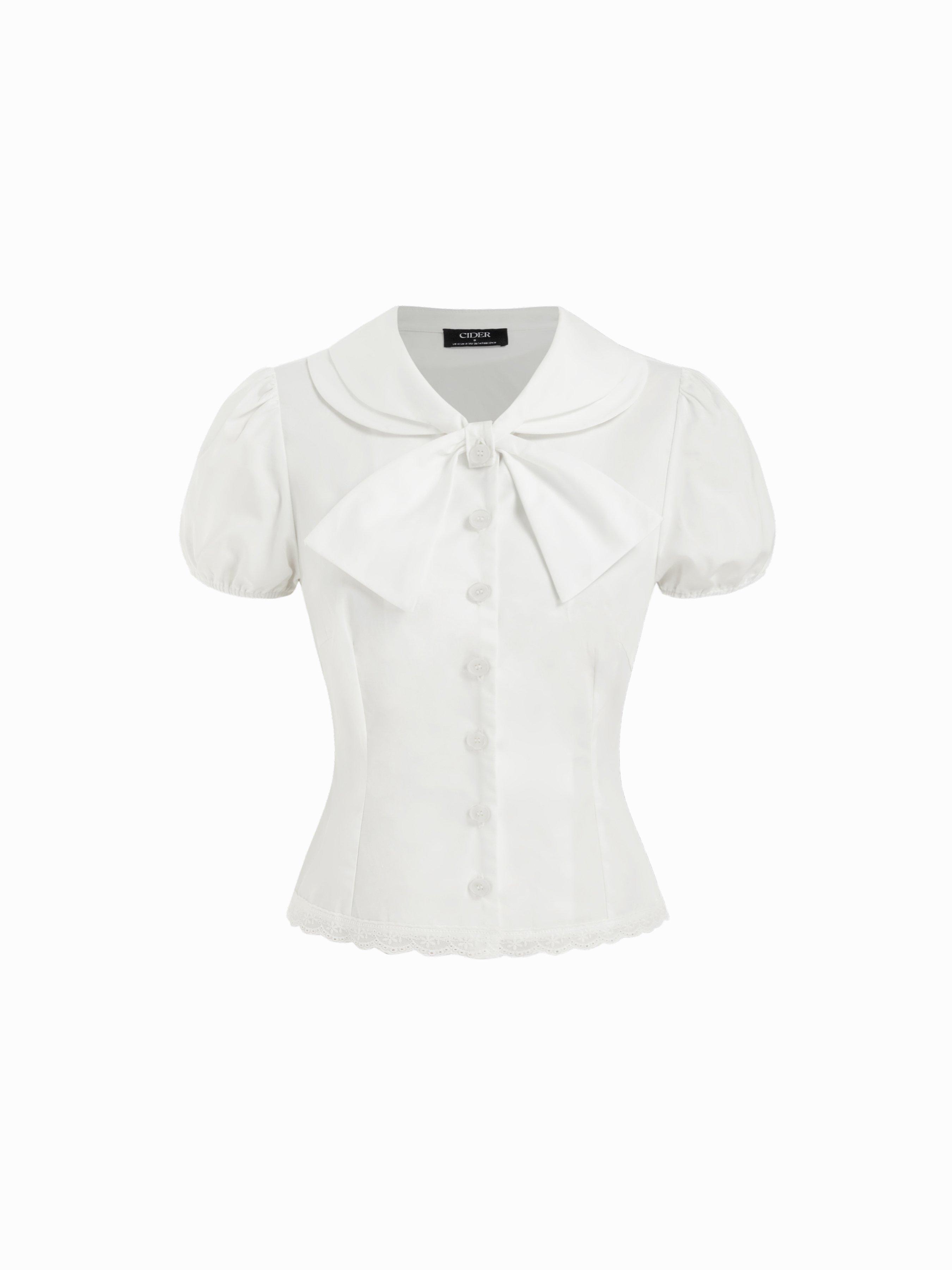 Cotton Peter Pan Collar Puff Sleeve Bowknot Lace Trim Blouse by CIDER