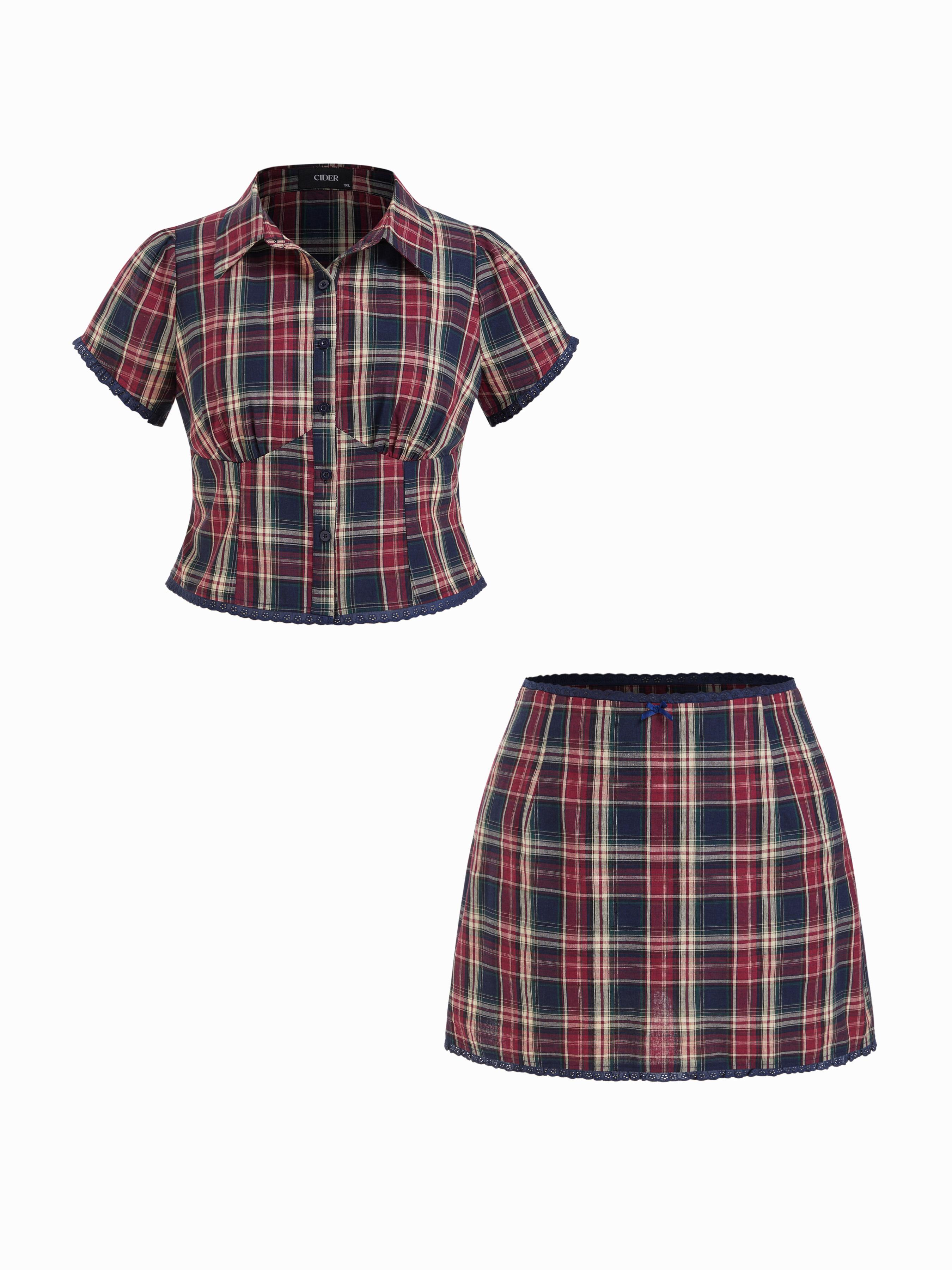 Cotton Plaid Blouse & Lace Trim Bowknot Mini Skirt Set Curve & Plus by CIDER