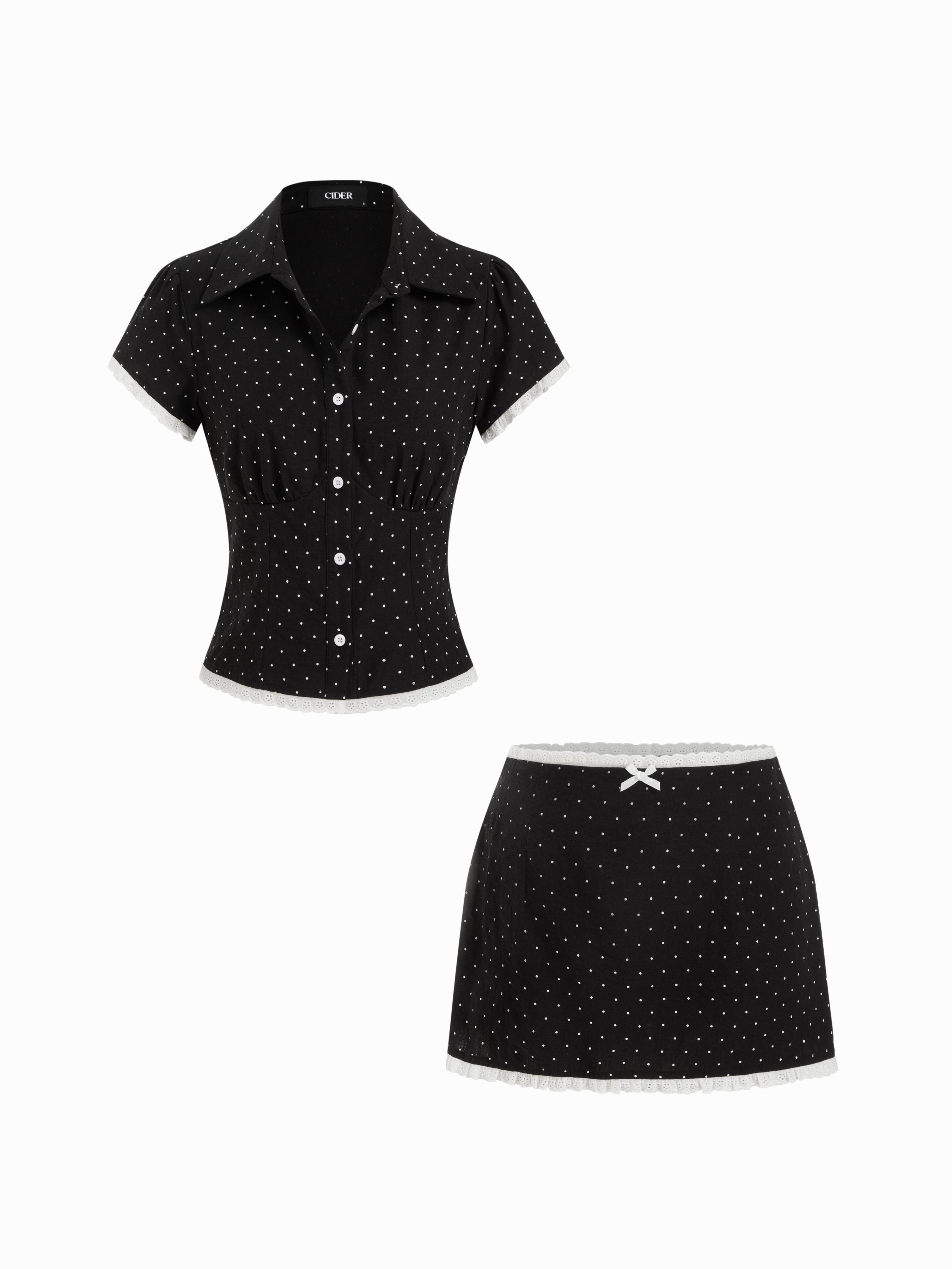 Cotton Plaid Collar Short Sleeve Blouse & Mid Rise Lace Trim Bowknot Mini Skirt Set by CIDER