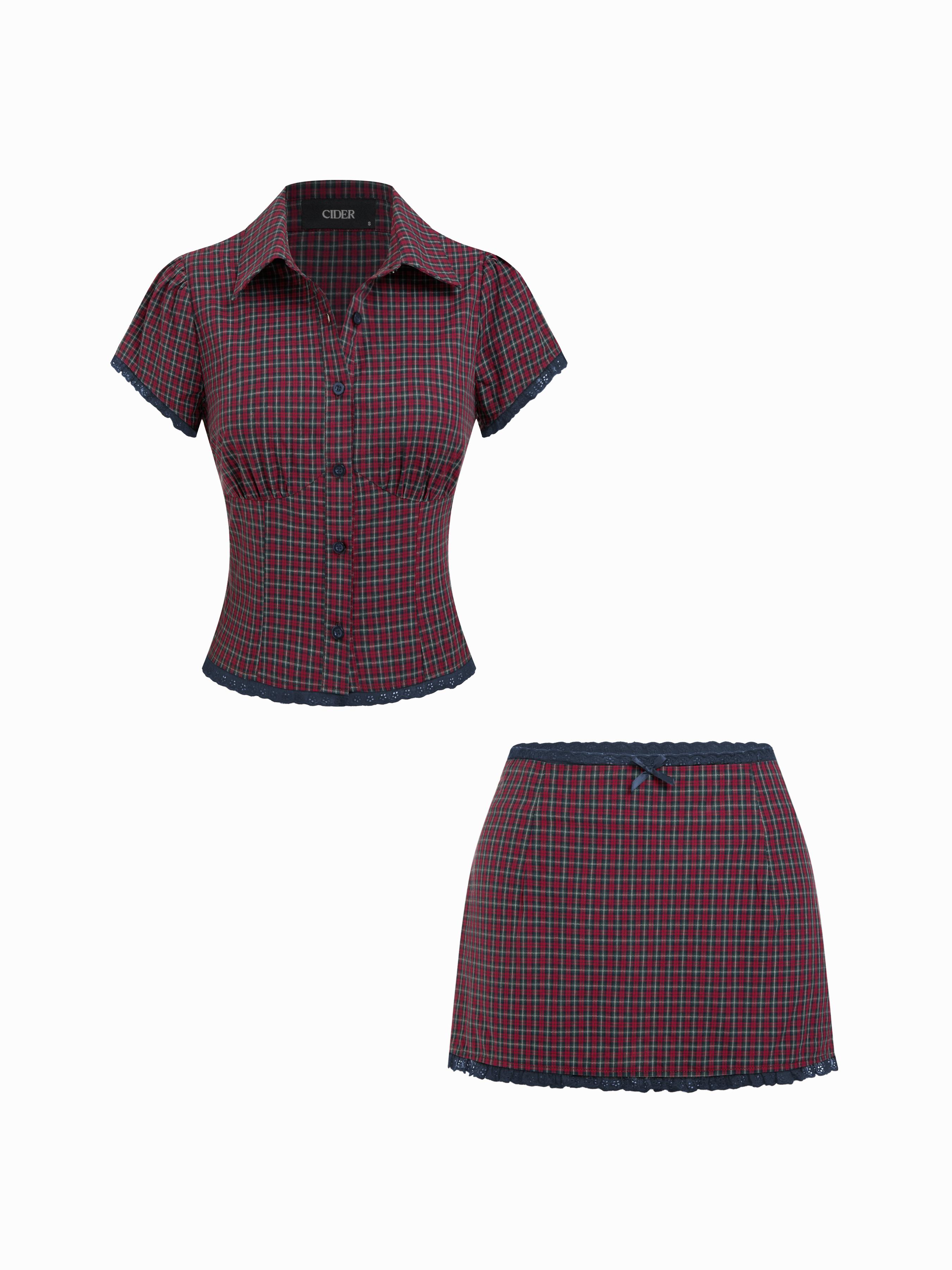 Cotton Plaid Collar Short Sleeve Blouse & Mid Rise Lace Trim Bowknot Mini Skirt Set by CIDER