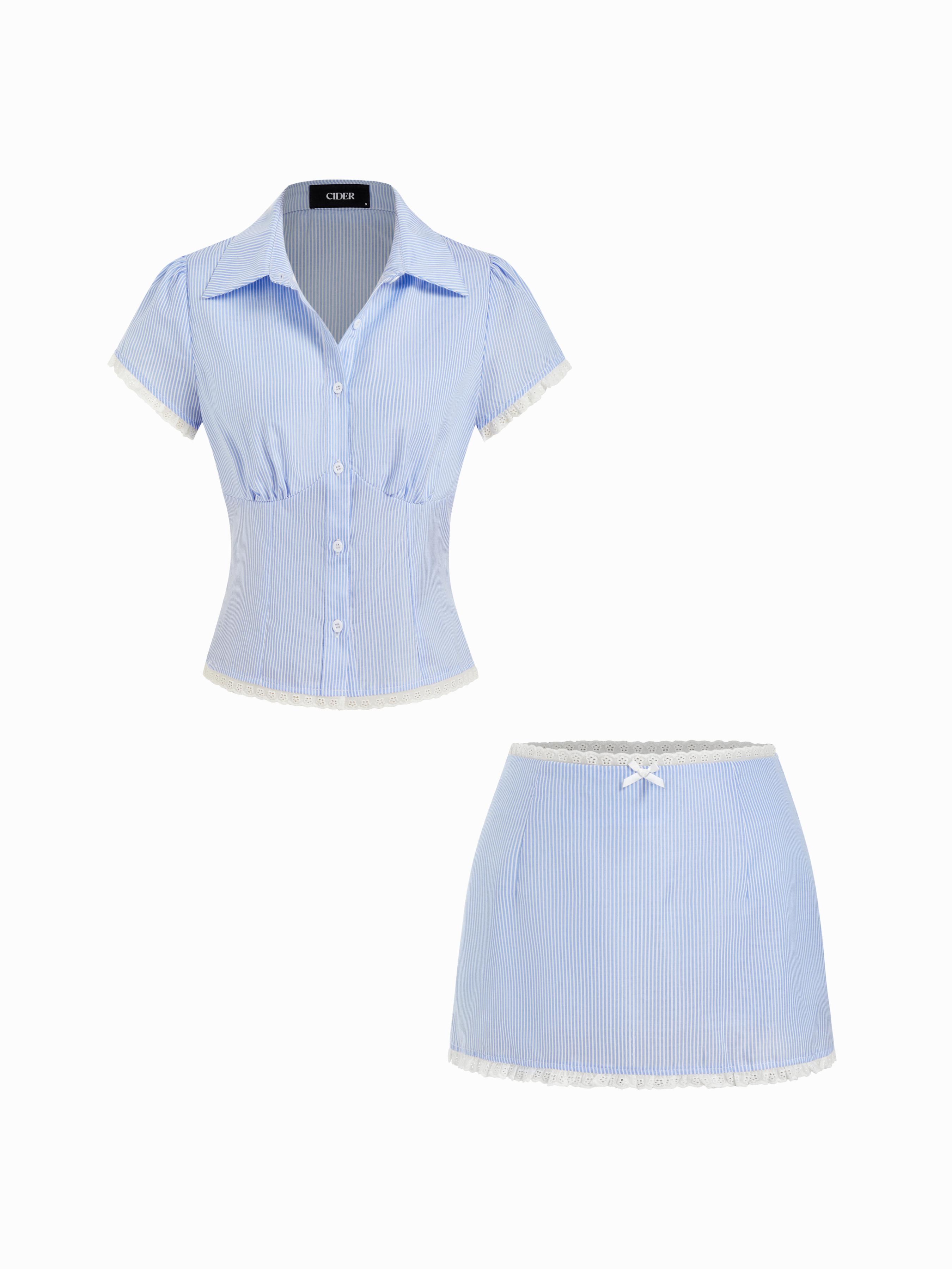 Cotton Plaid Collar Short Sleeve Blouse & Mid Rise Lace Trim Bowknot Mini Skirt Set by CIDER