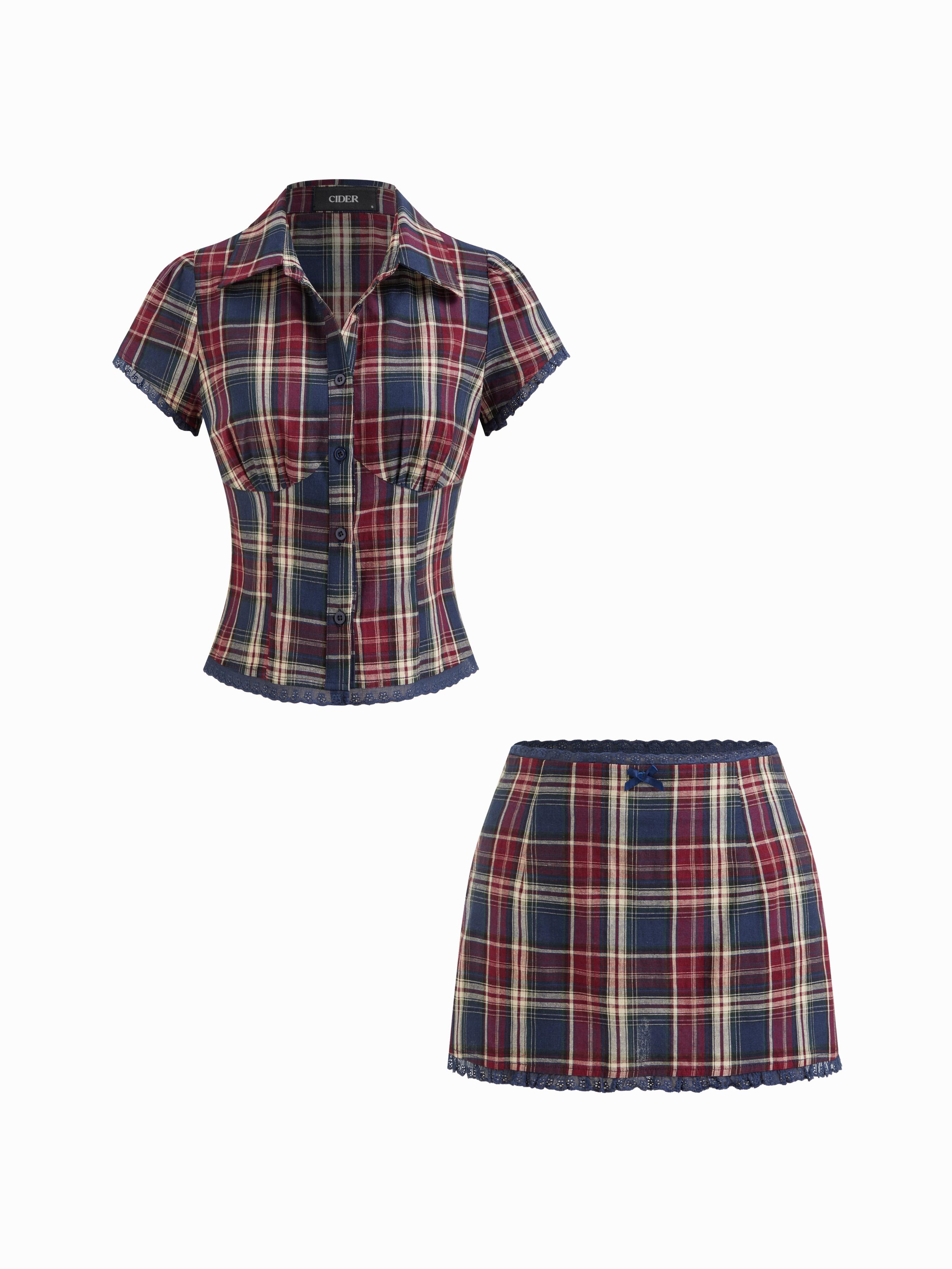 Cotton Plaid Collar Short Sleeve Blouse & Mid Rise Lace Trim Bowknot Mini Skirt Set by CIDER