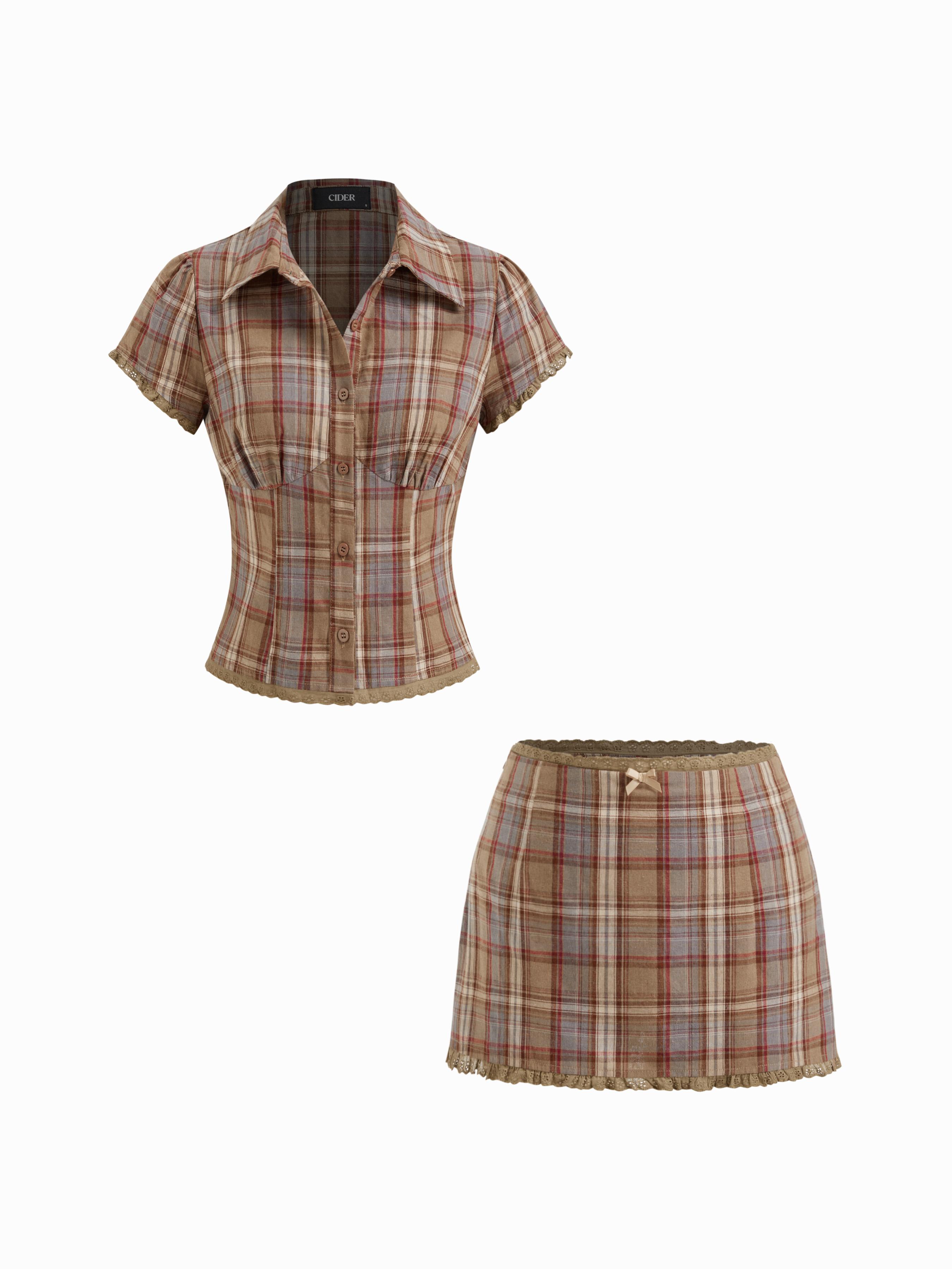 Cotton Plaid Collar Short Sleeve Blouse & Mid Rise Lace Trim Bowknot Mini Skirt Set by CIDER