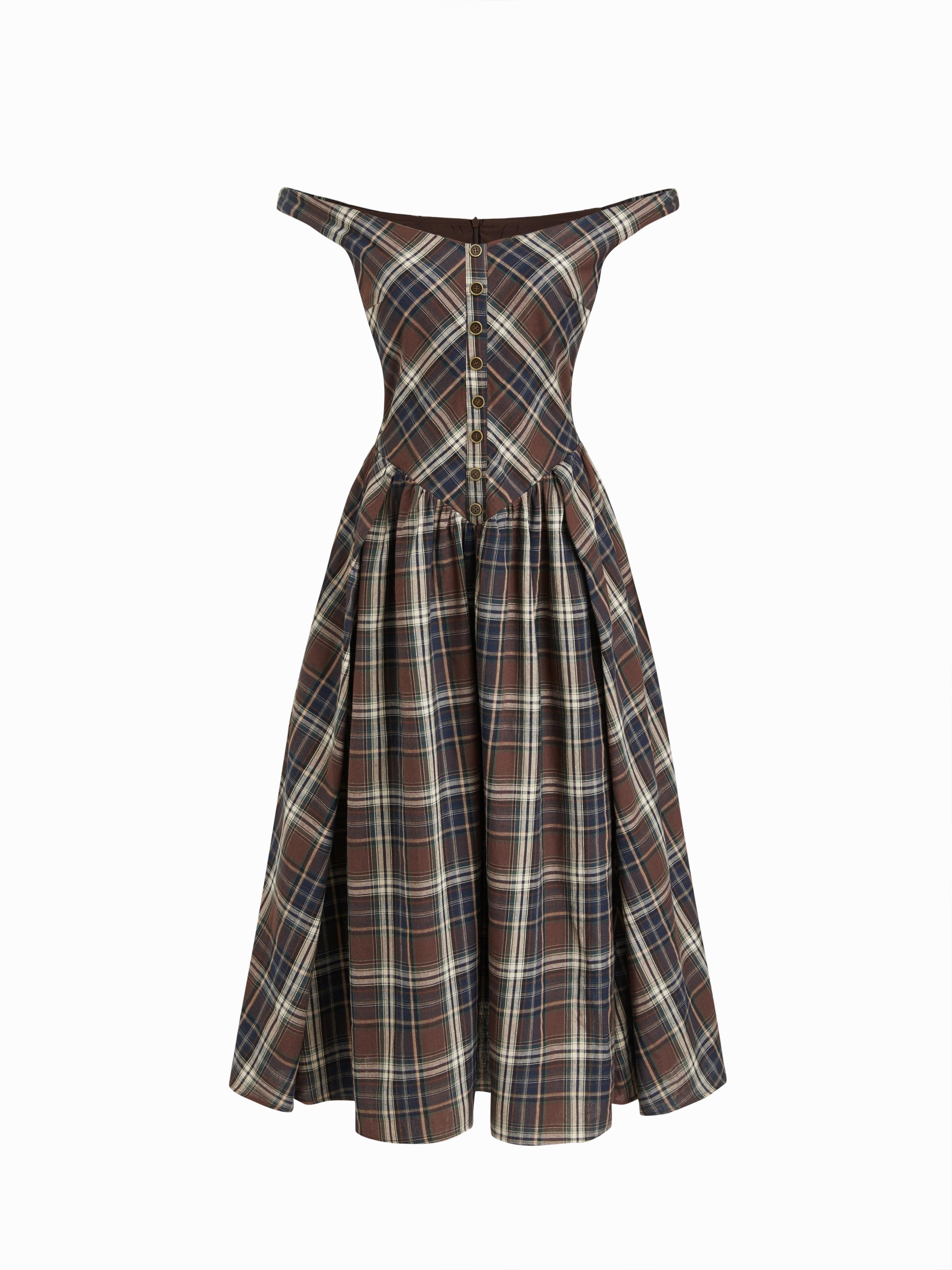 Cotton Plaid Off-shoulder Button Front Ruffle Midi Dress by CIDER