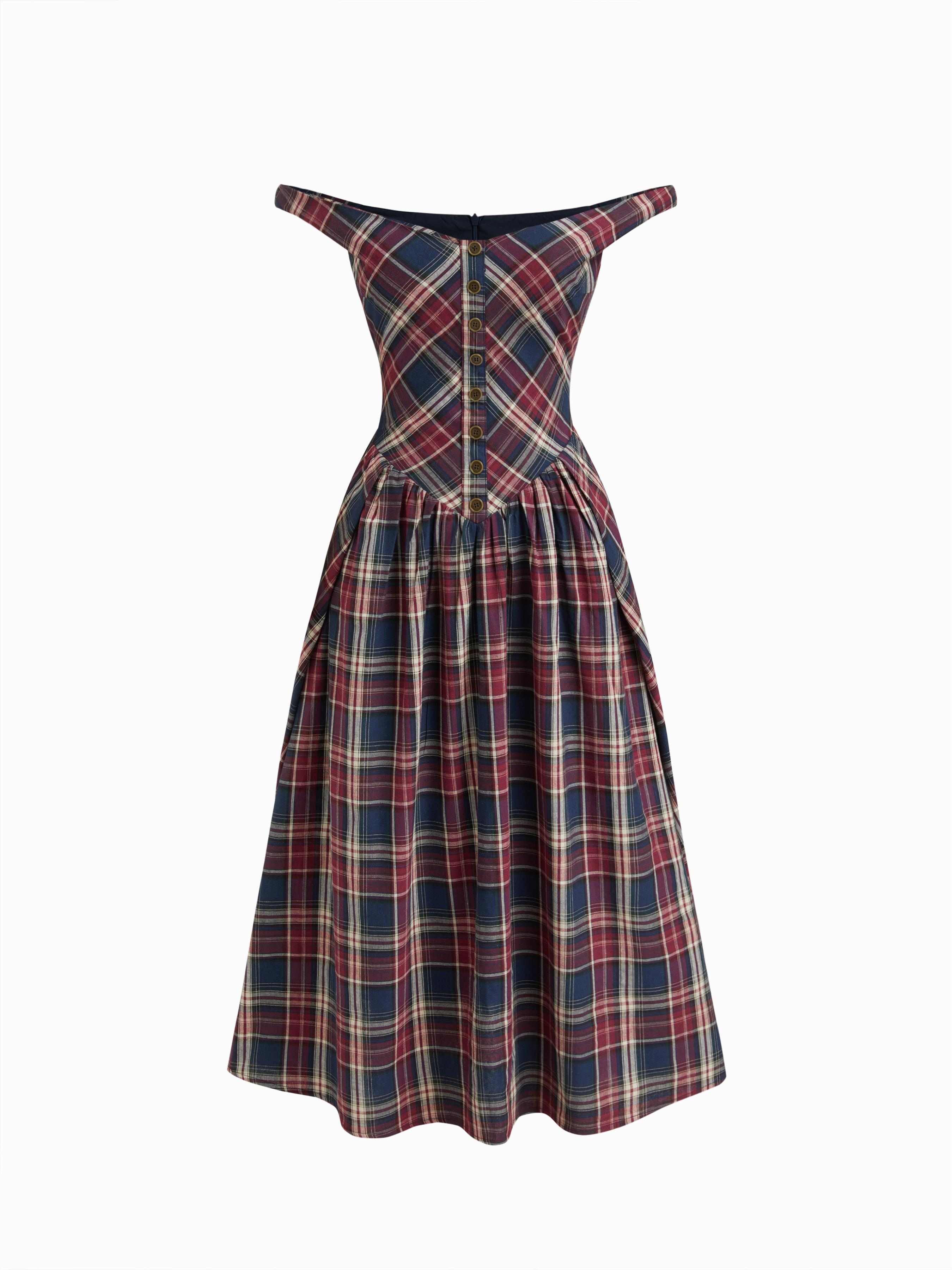 Cotton Plaid Off-shoulder Button Front Ruffle Midi Dress by CIDER