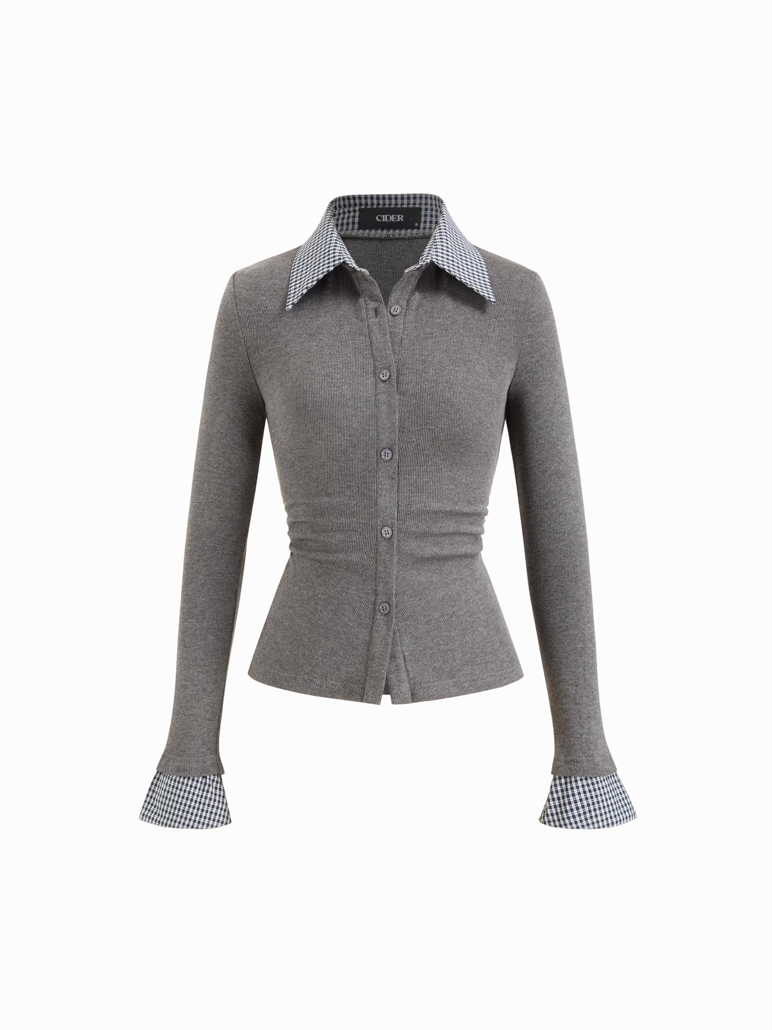 Cotton Plaid Polo Collar Ruched Two Tone Top by CIDER