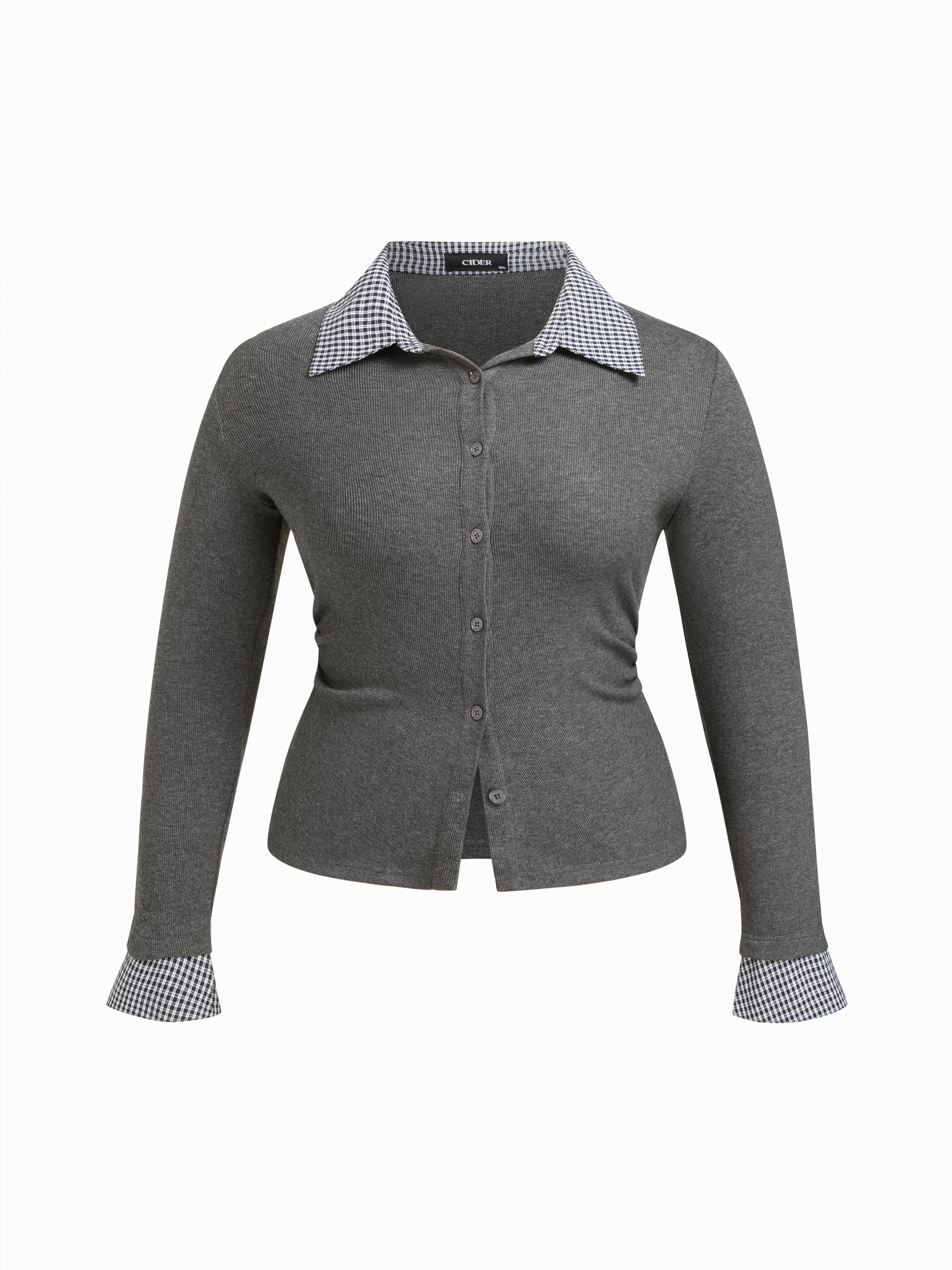 Cotton Plaid Polo Collar Ruched Two Tone Top Curve & Plus by CIDER