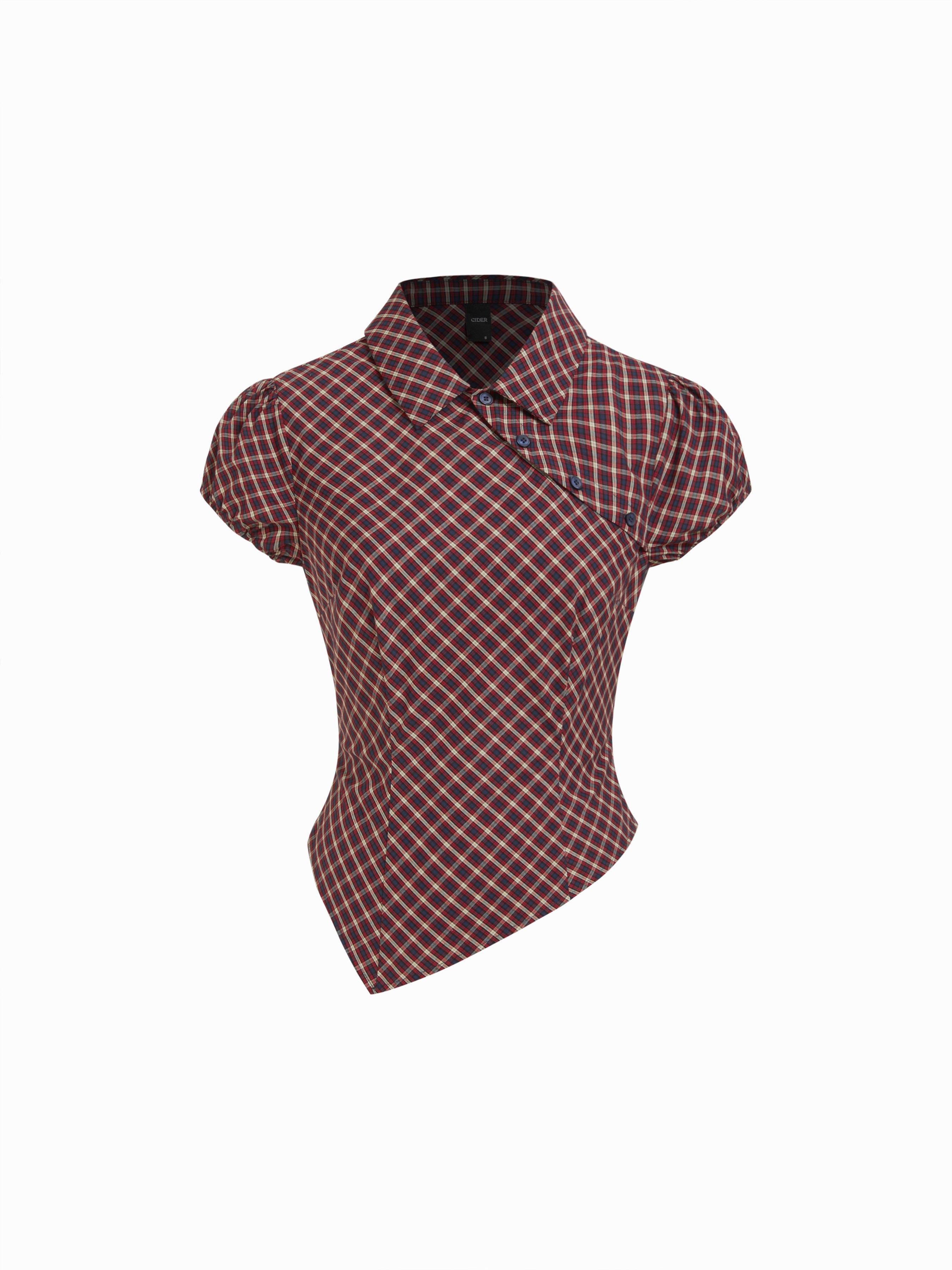 Cotton Plaid Puff Sleeve Asymmetrical Blouse by CIDER
