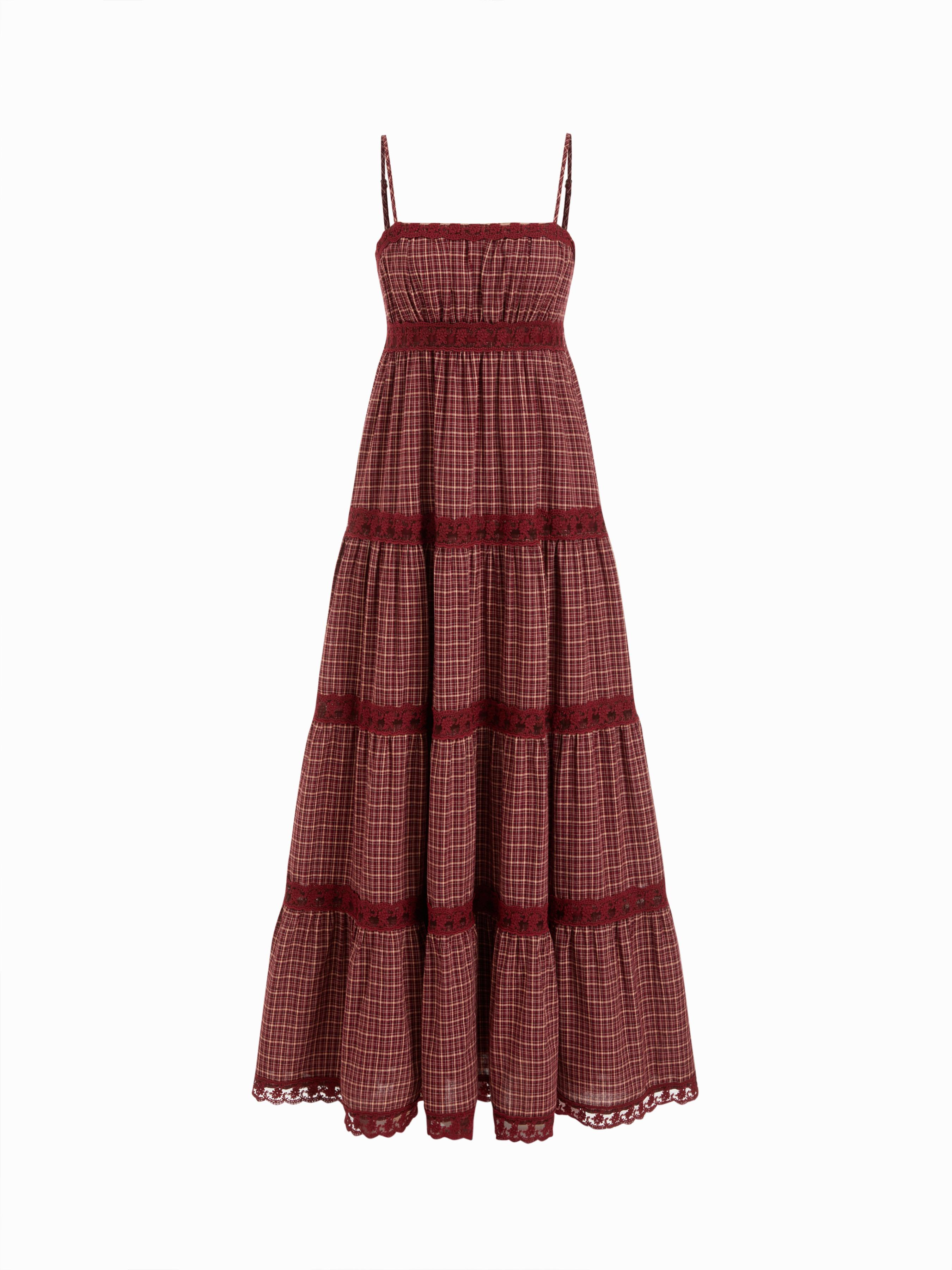 Cotton Plaid Square Neck Contrasting Lace Tiered Ruffle Maxi Slip Dress by CIDER
