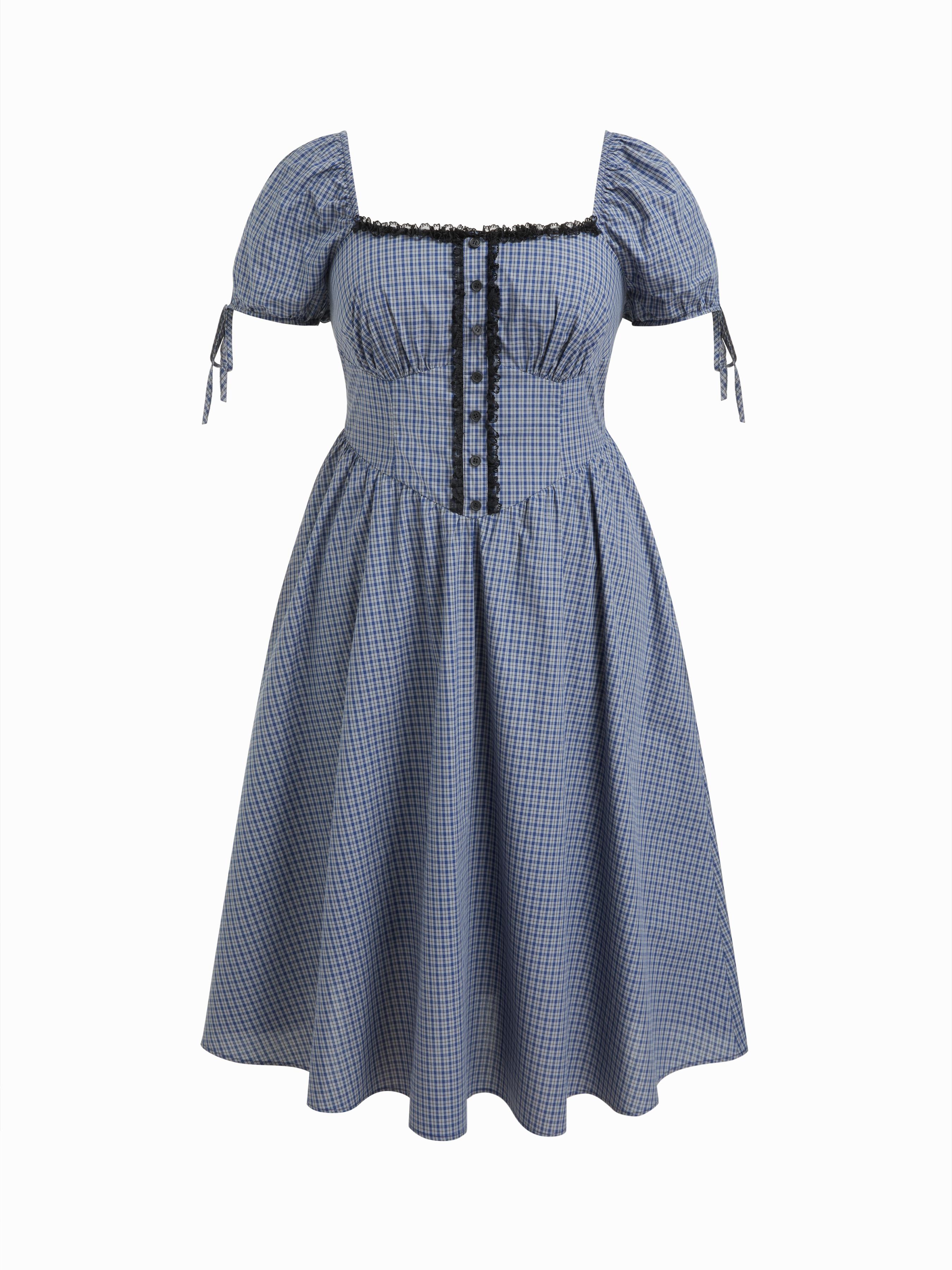 Cotton Plaid Square Neck Knotted Lace Trim Puff Sleeve Midi Dress Curve & Plus by CIDER
