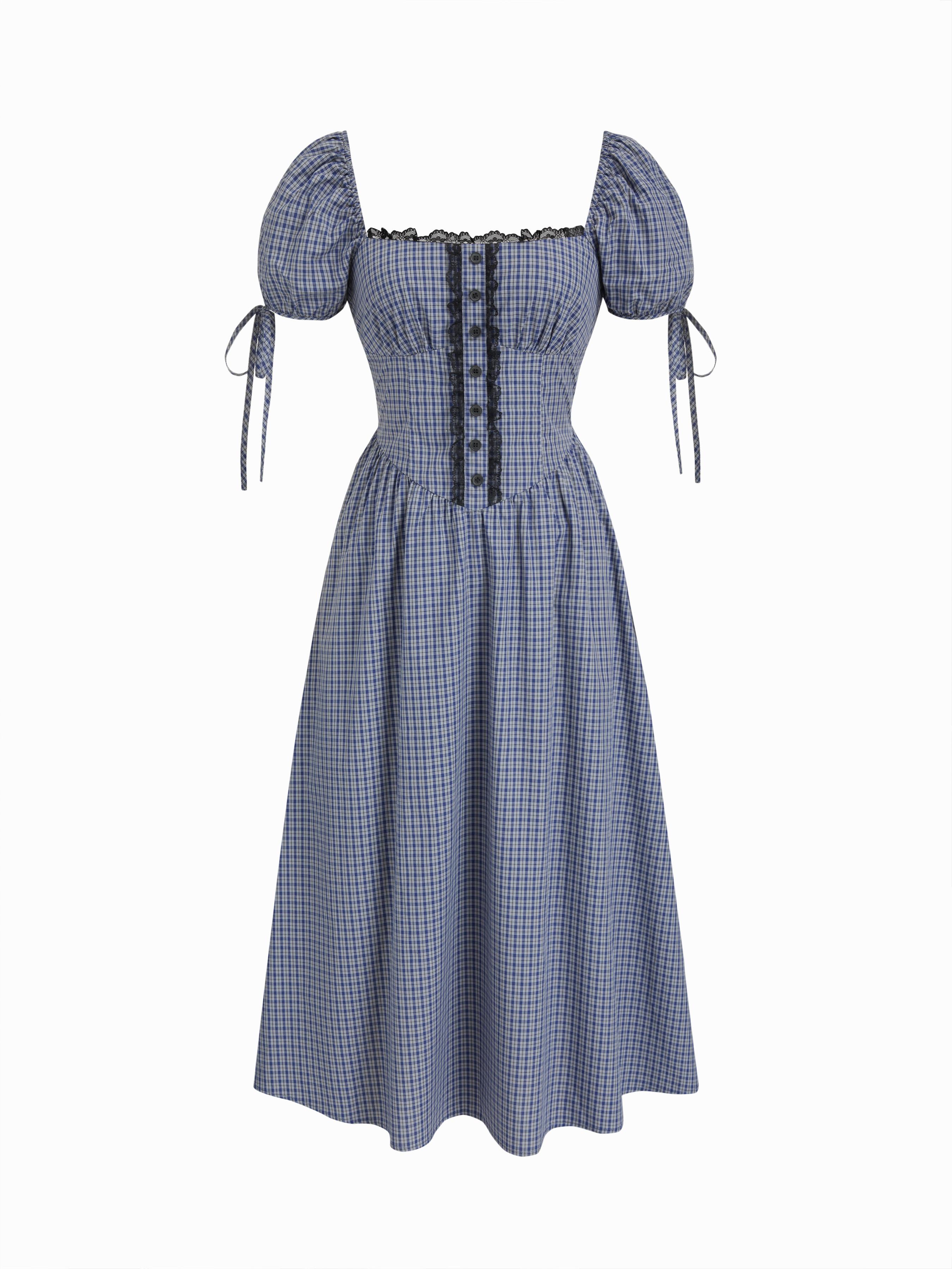 Cotton Plaid Square Neck Knotted Lace Trim Puff Sleeve Midi Dress by CIDER