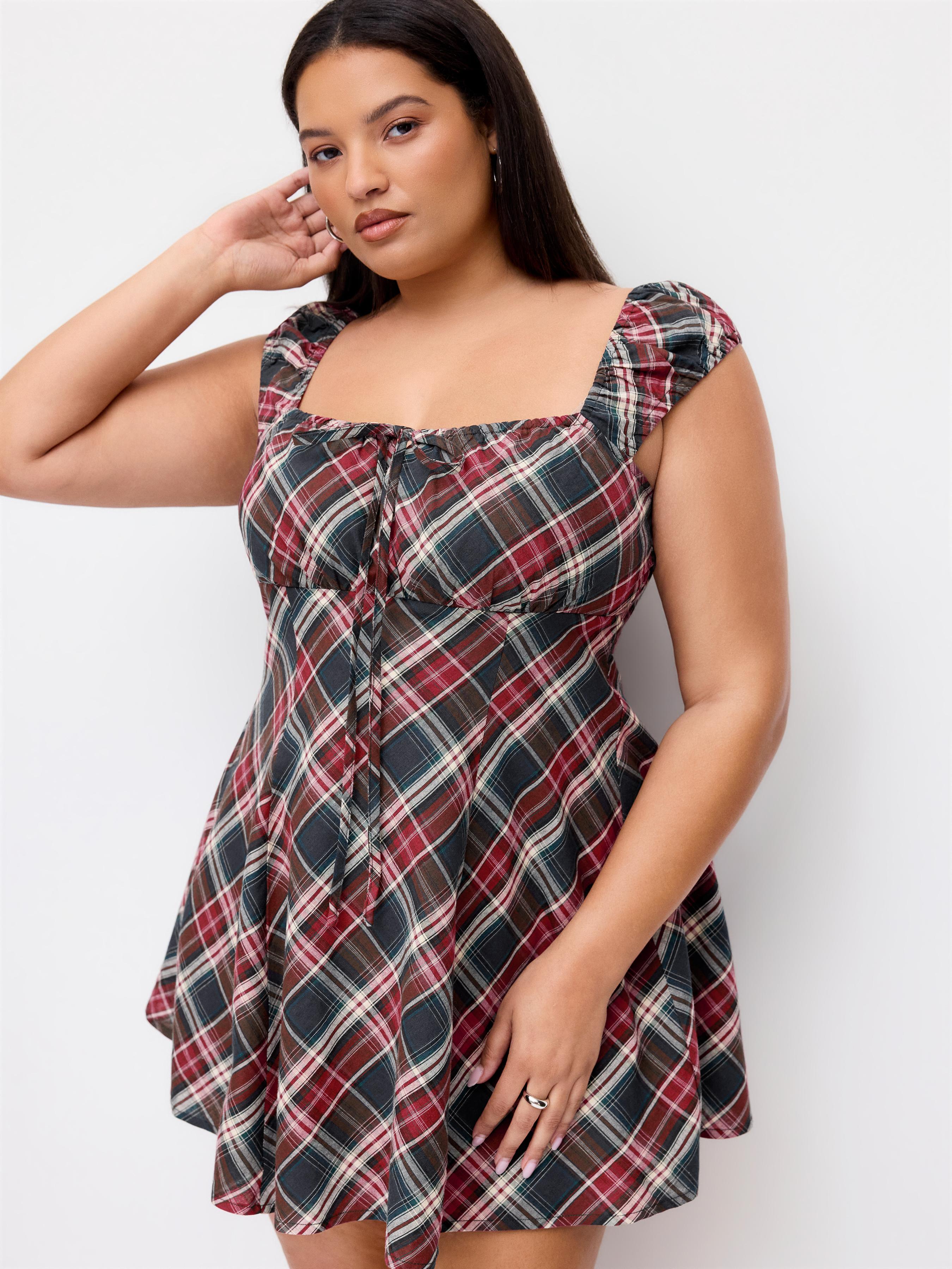 Cotton Plaid Square Neck Puff Sleeve Mini Dress Curve & Plus by CIDER