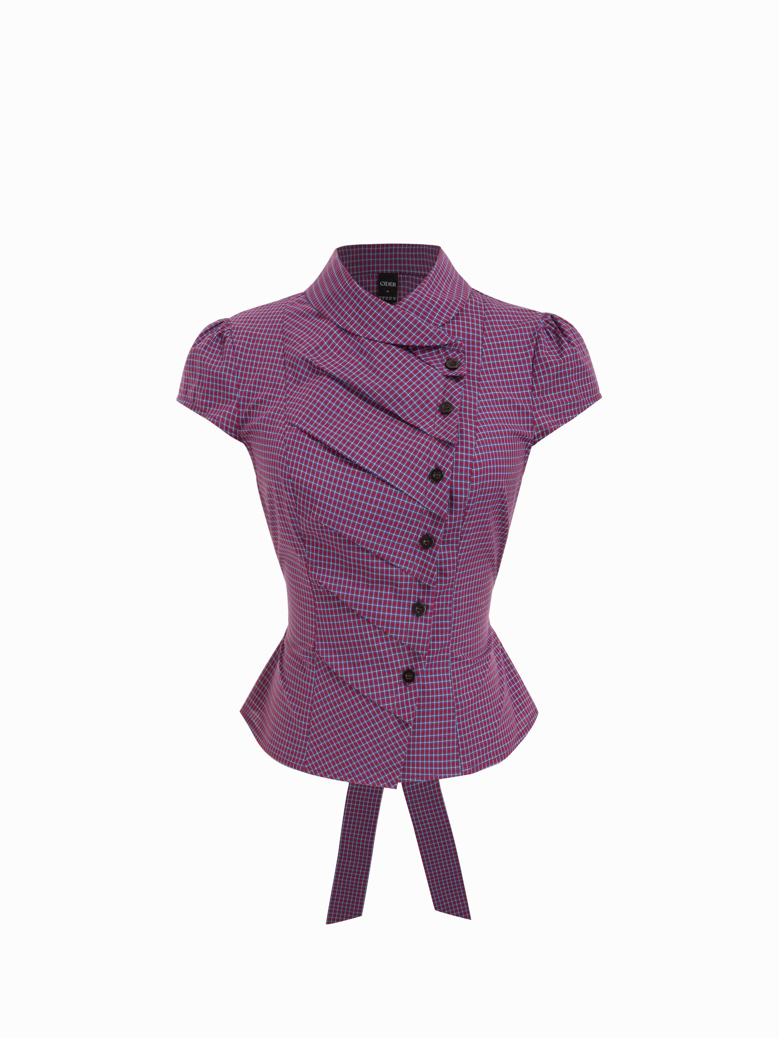 Cotton Plaid Stand Collar Puff Sleeve Tie Back Button Blouse by CIDER