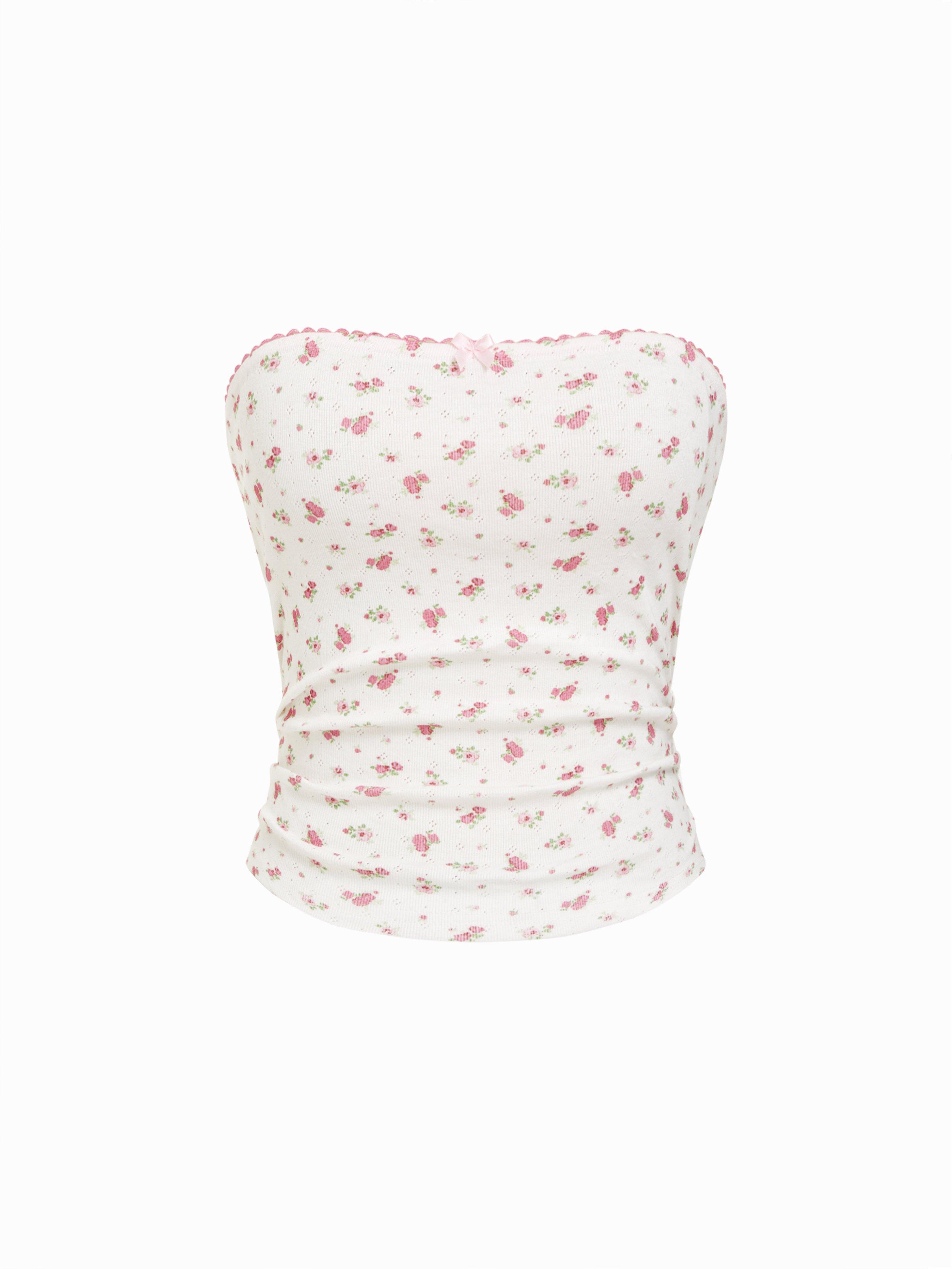 Cotton Pointelle Ditsy Floral Ruched Bowknot Crop Bandeau Top by CIDER