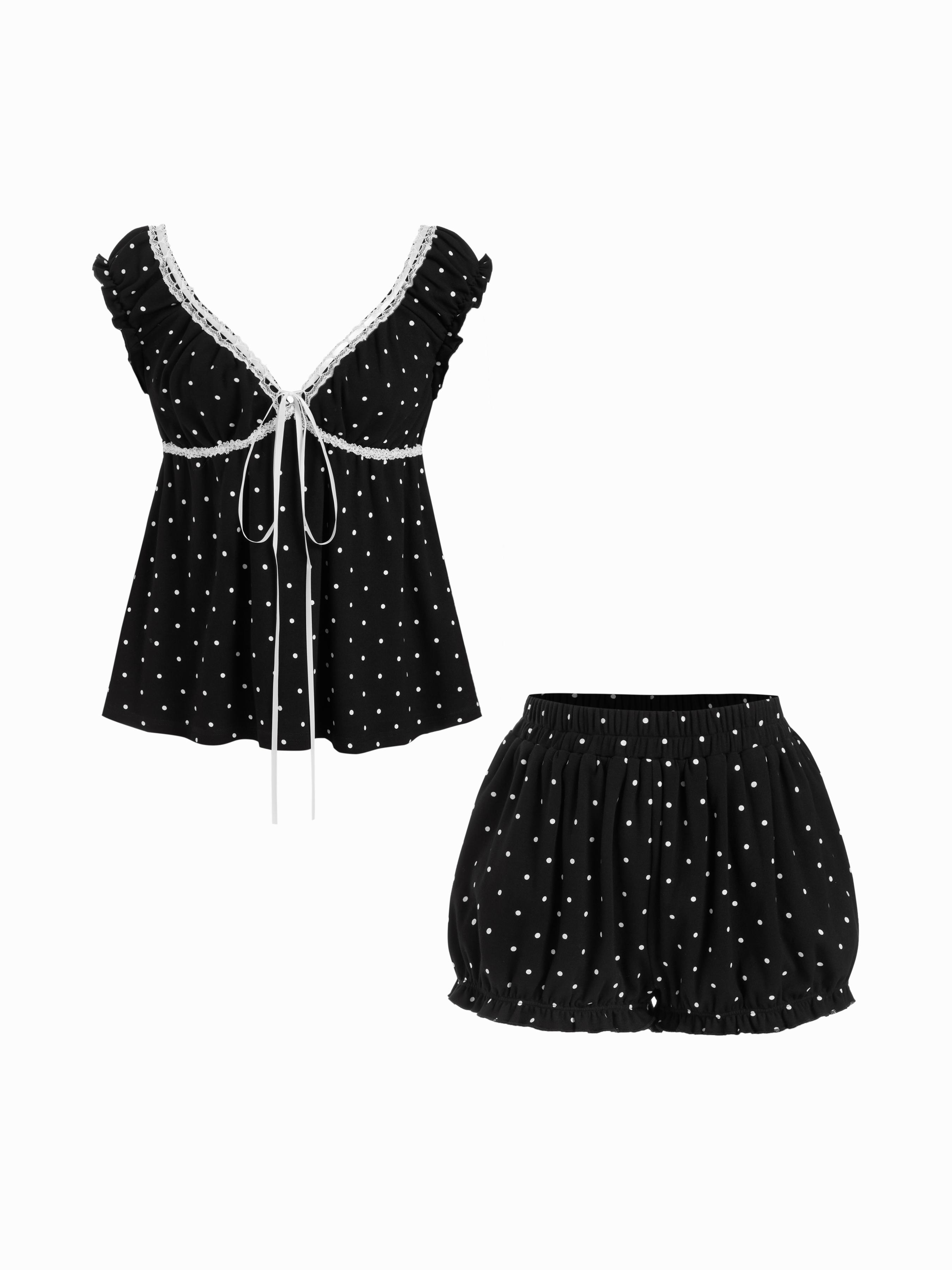Cotton Polka Dot Bowknot Top & Mid Rise Shorts Loungewear Set by CIDER
