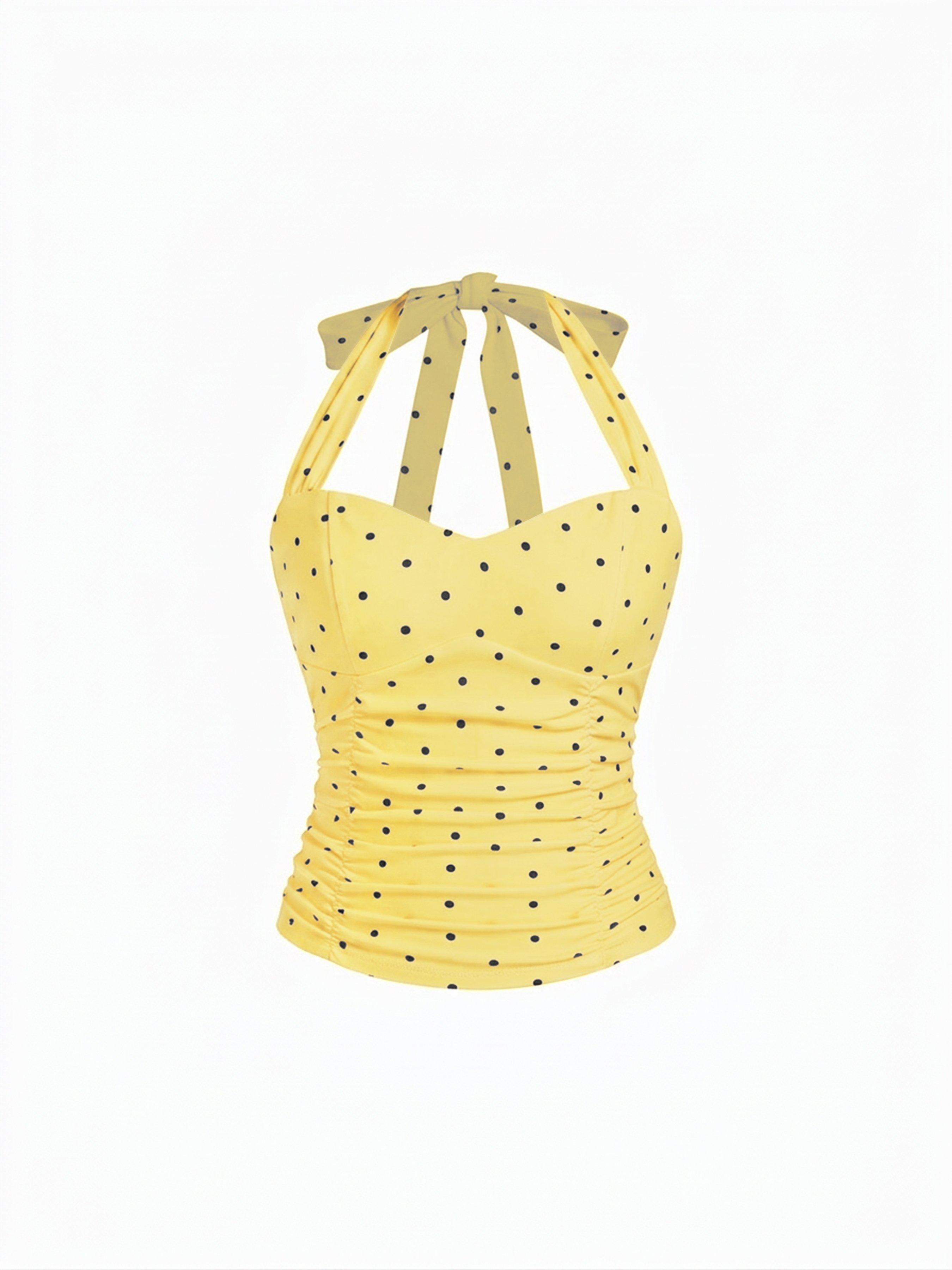 Cotton Polka Dot Halter Neck Ruched Tie Back Top by CIDER
