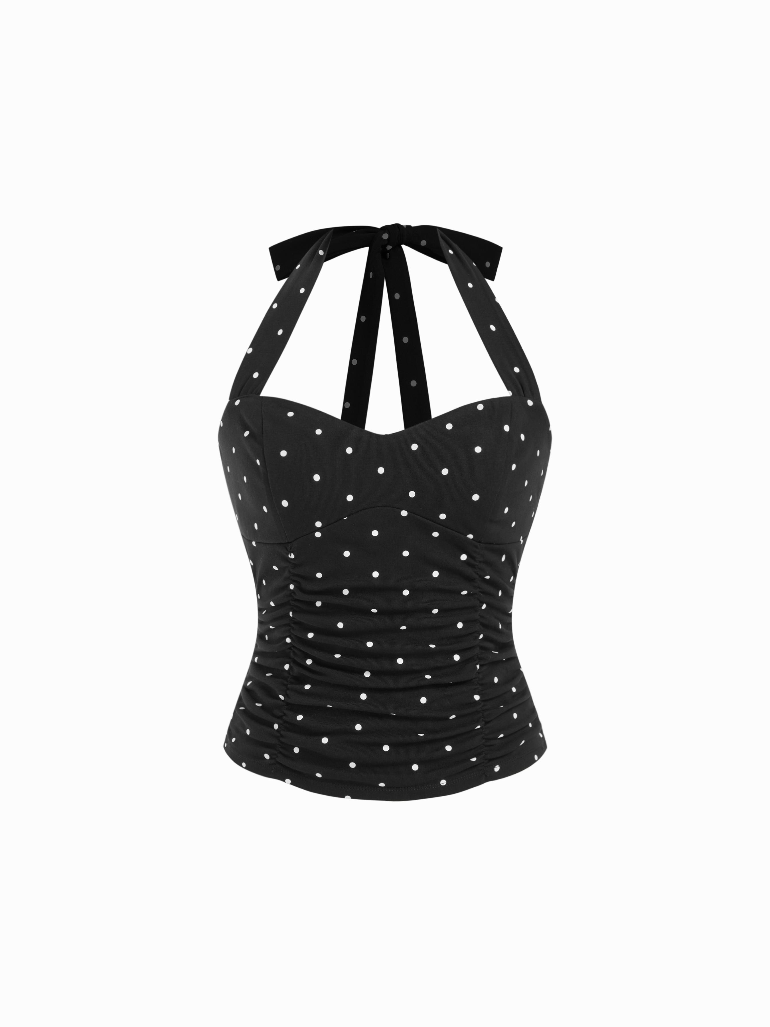 Cotton Polka Dot Halter Neck Ruched Tie Back Top by CIDER