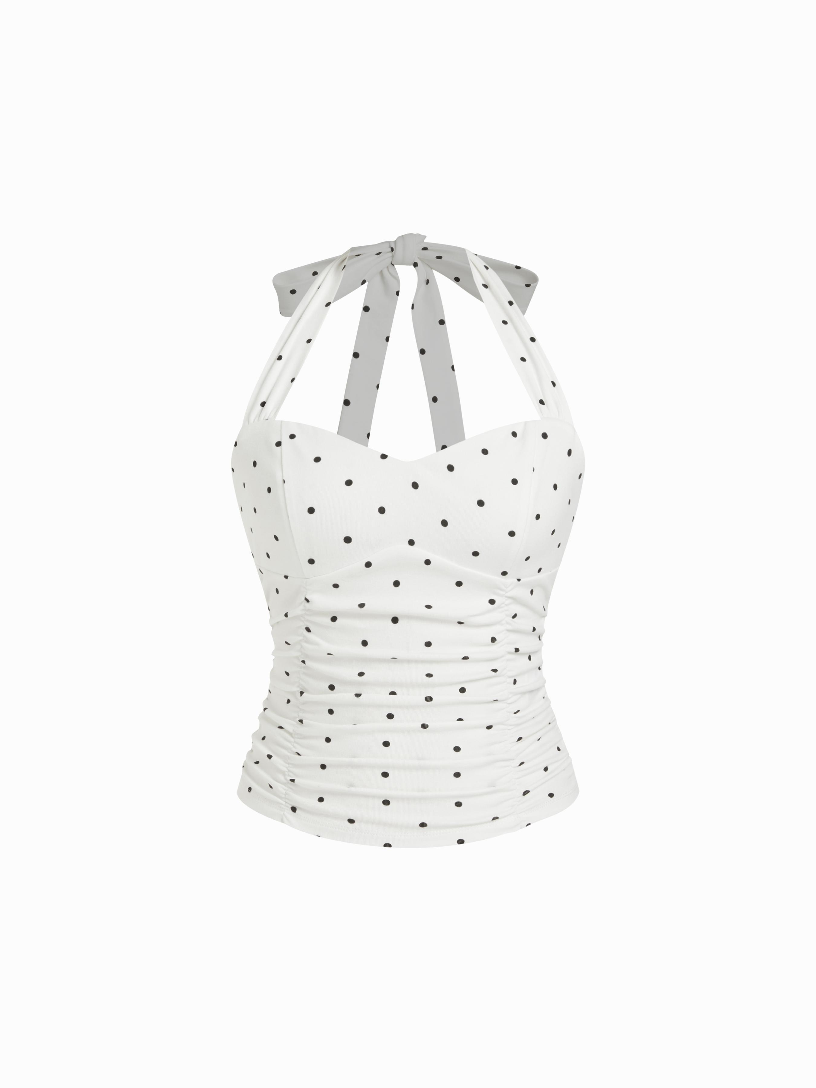 Cotton Polka Dot Halter Neck Ruched Tie Back Top by CIDER