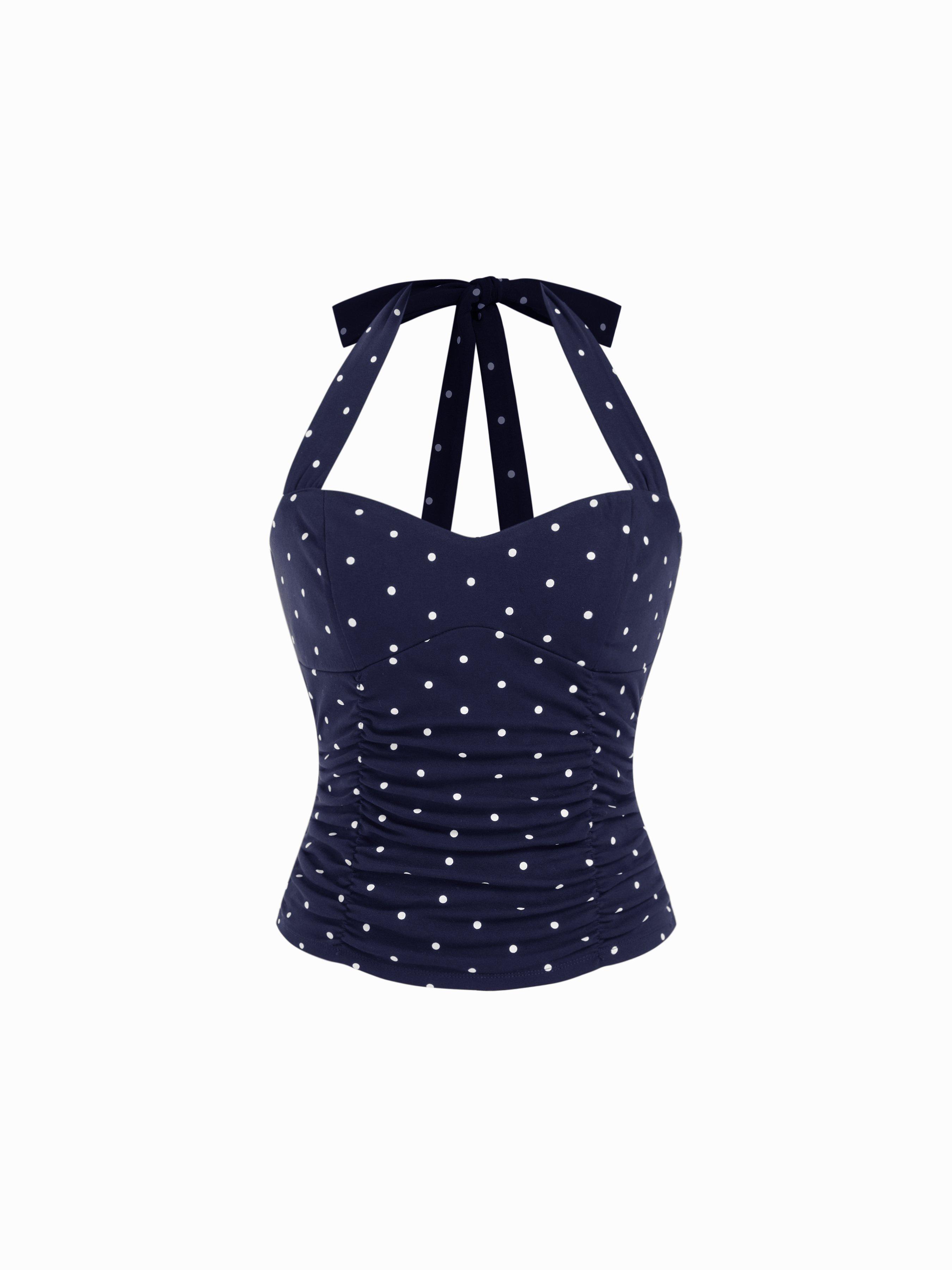 Cotton Polka Dot Halter Neck Ruched Tie Back Top by CIDER