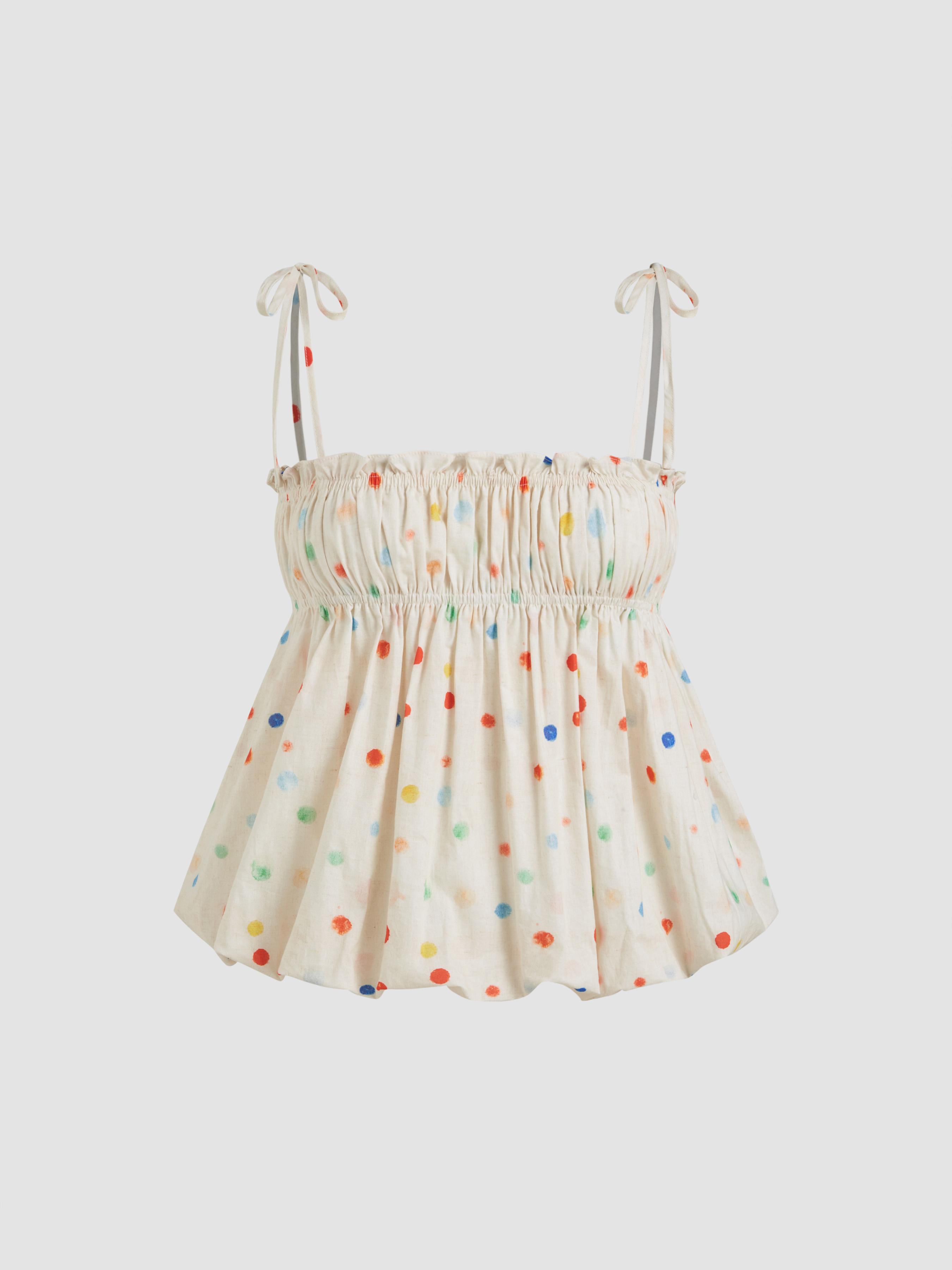 Cotton Polka Dot Lettuce Trim Shirred Bubble Hem Cami Top by CIDER