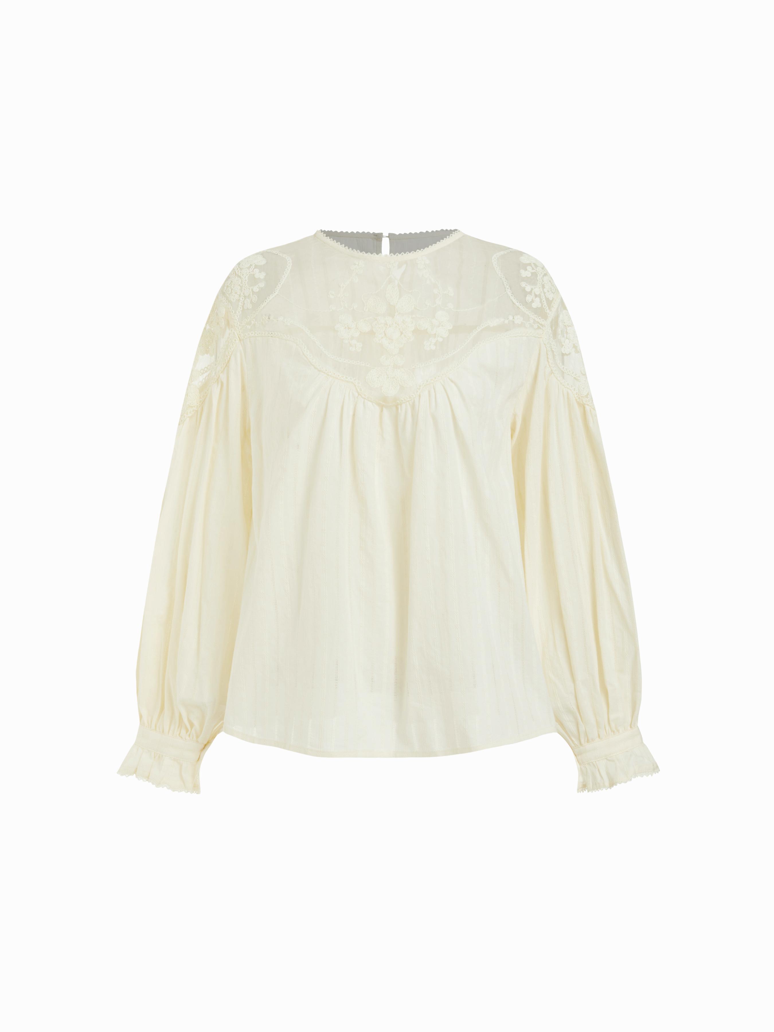 Cotton Round Neckline Lace Embroidery Ruched Long Sleeve Blouse by CIDER