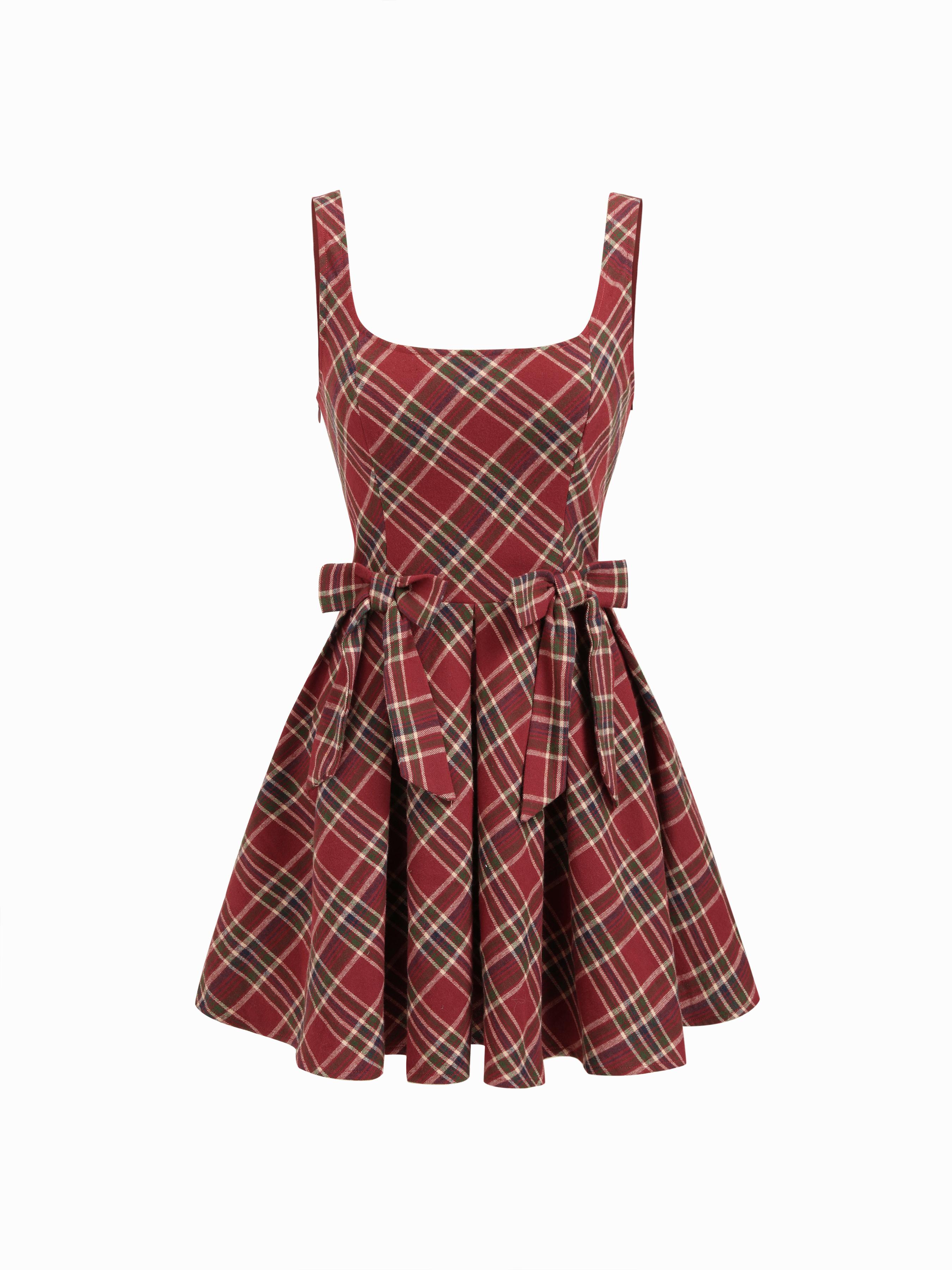 Cotton Scoop Neckline Plaid Bowknot Mini Dress by CIDER Cotton Scoop Neckline Plaid Bowknot Mini Dress by CIDER