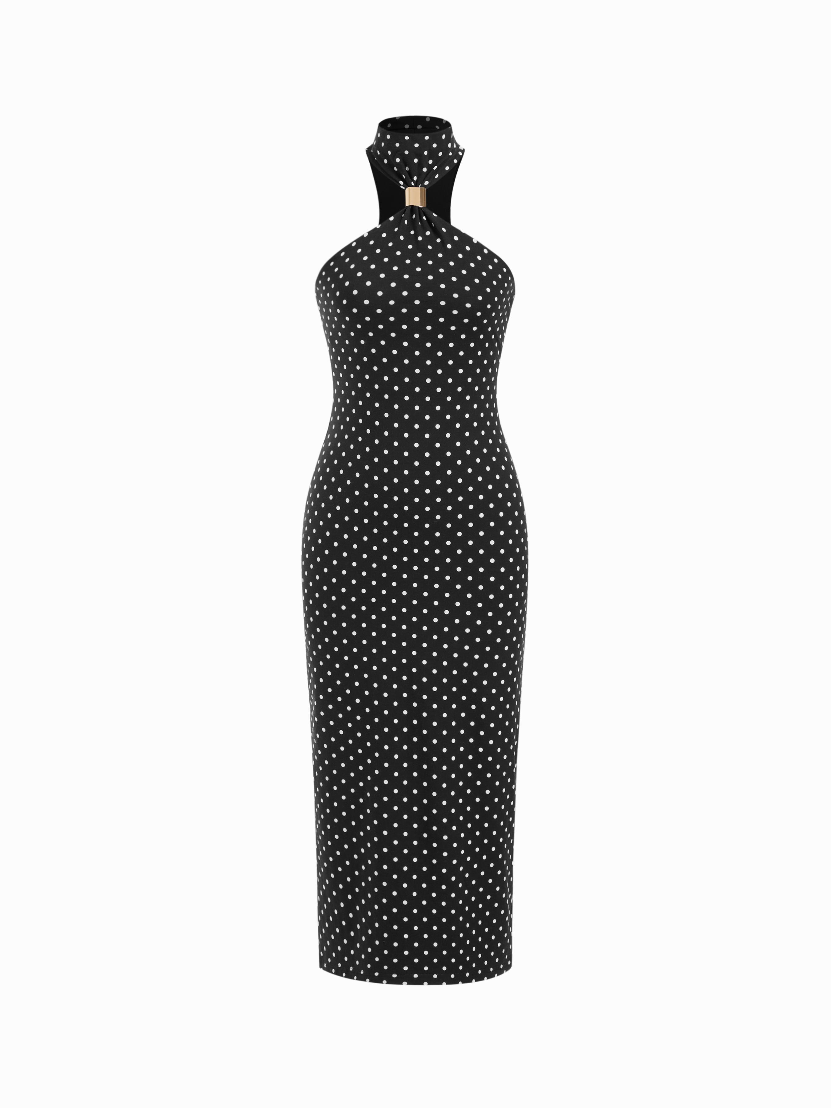 Cotton Slim Halter Neck Polka Dot Midi Dress With Metal Detail by CIDER