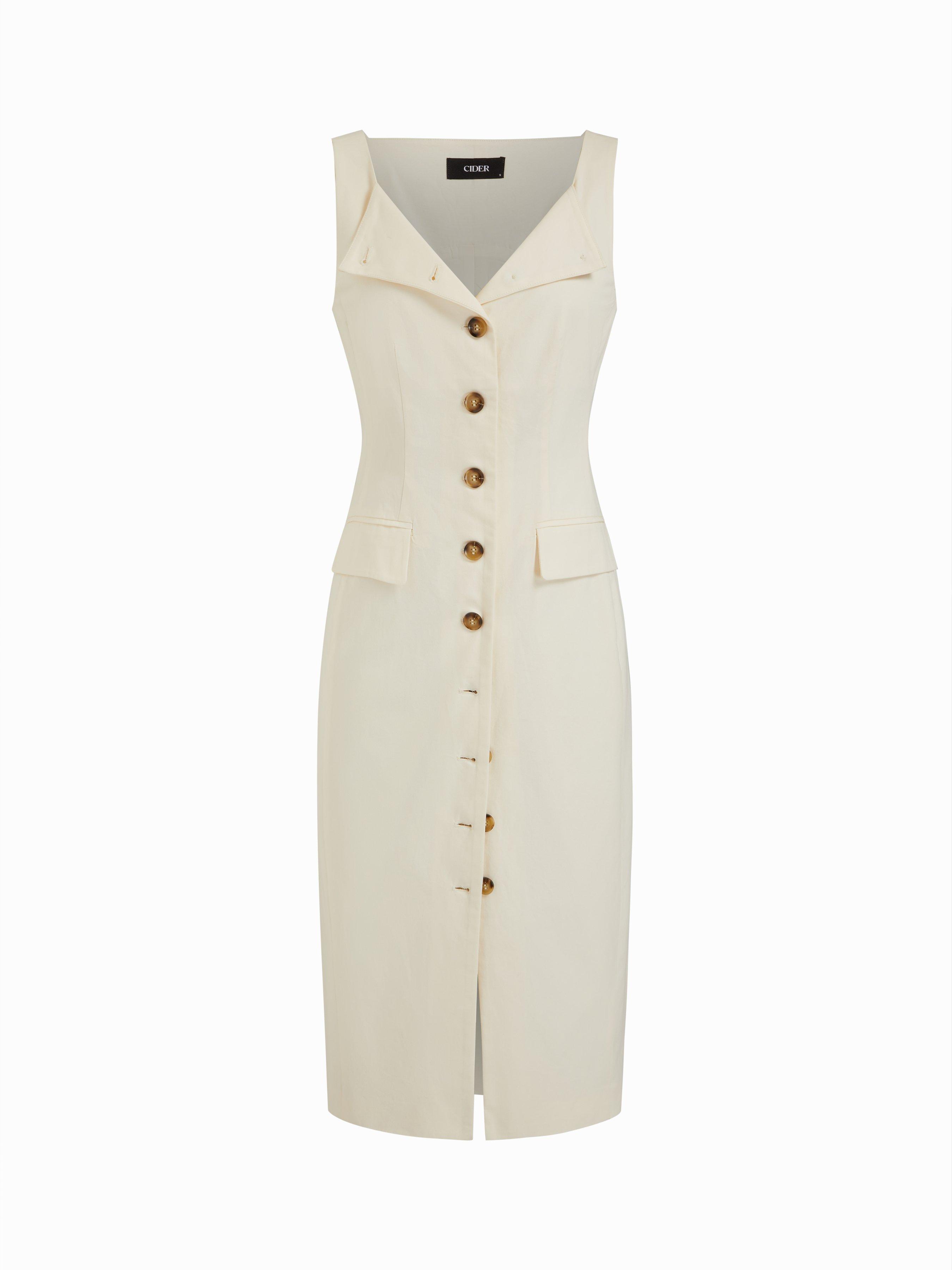 Cotton Square Neck Button Through Tie Back Straight Midi Dress by CIDER