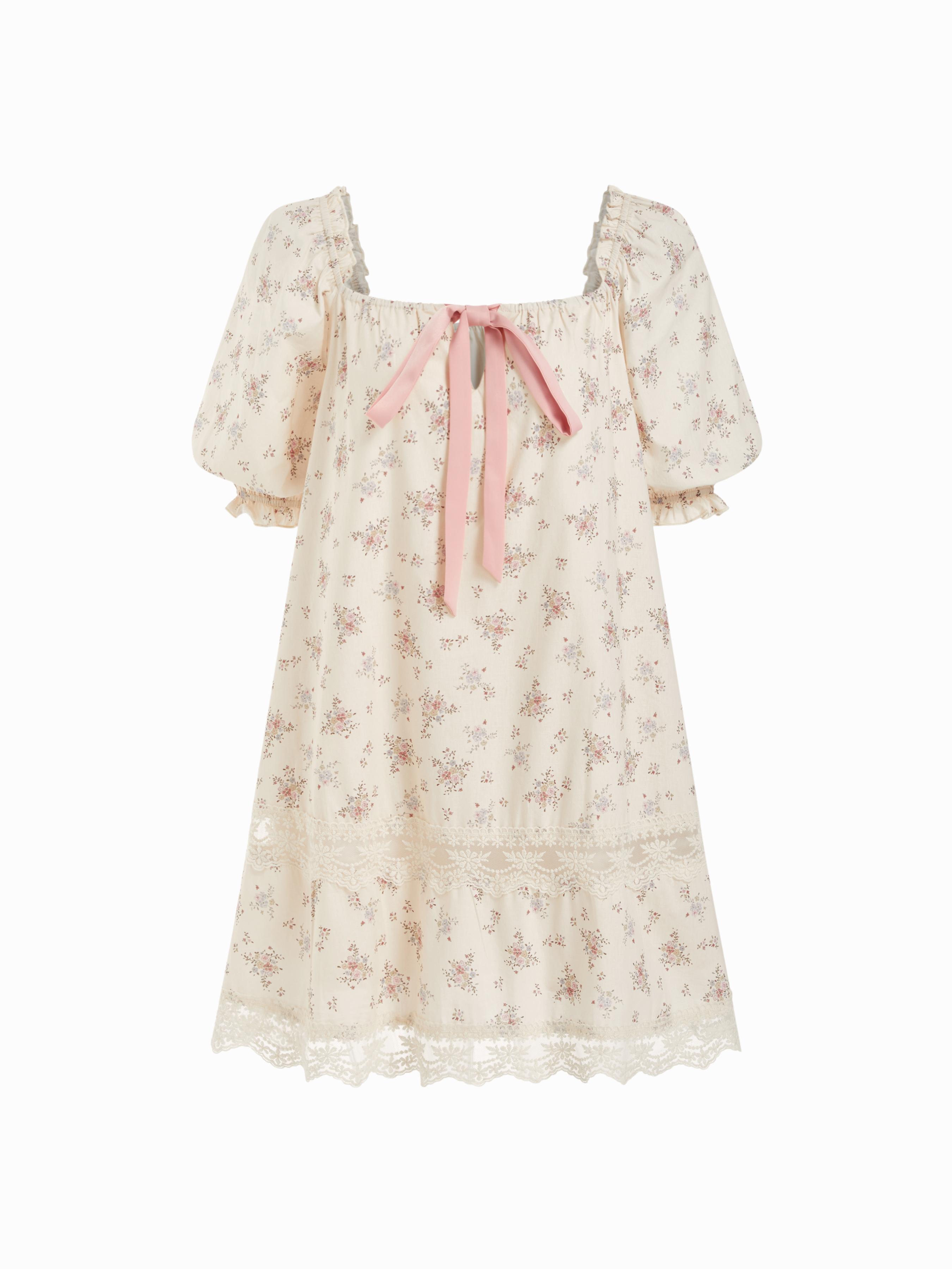 Cotton Square Neck Floral Puff Sleeve Bowknot Babydoll Mini Dress by CIDER