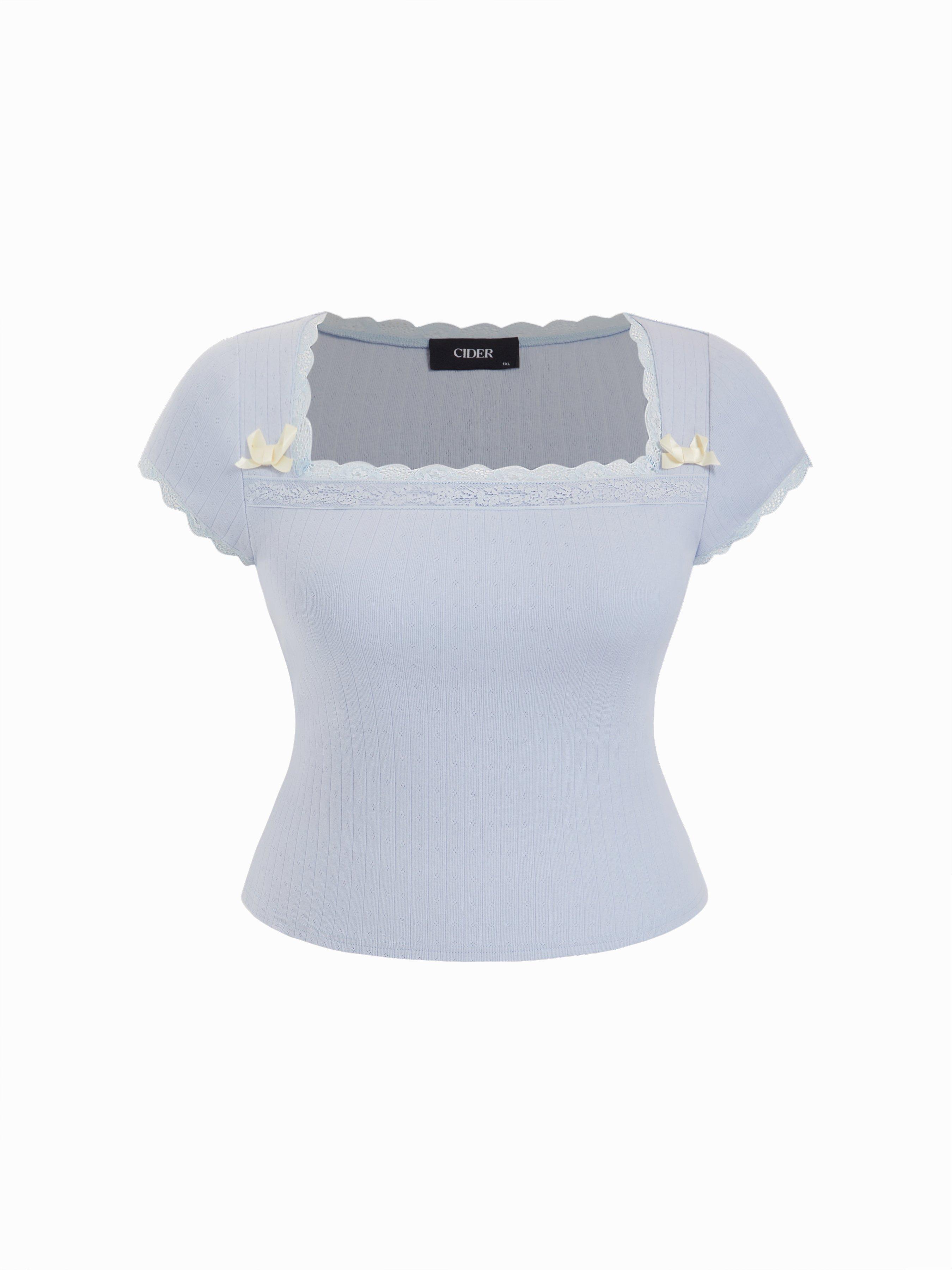 Cotton Square Neck Lace Bowknot Pointelle Top Curve & Plus by CIDER