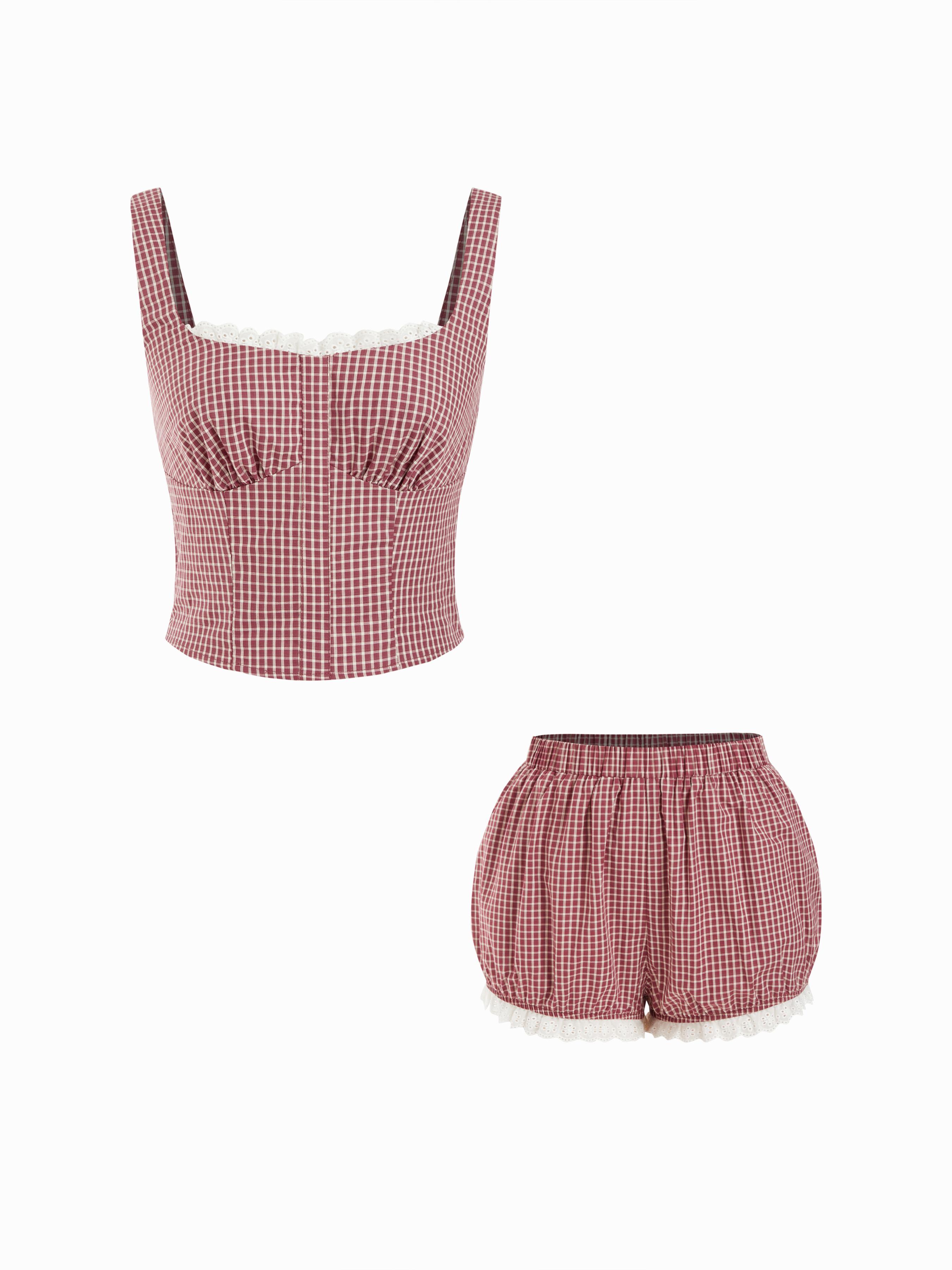Cotton Square Neck Lace Panel Gingham Top & Mid Rise Bubble Hem Shorts Set by CIDER