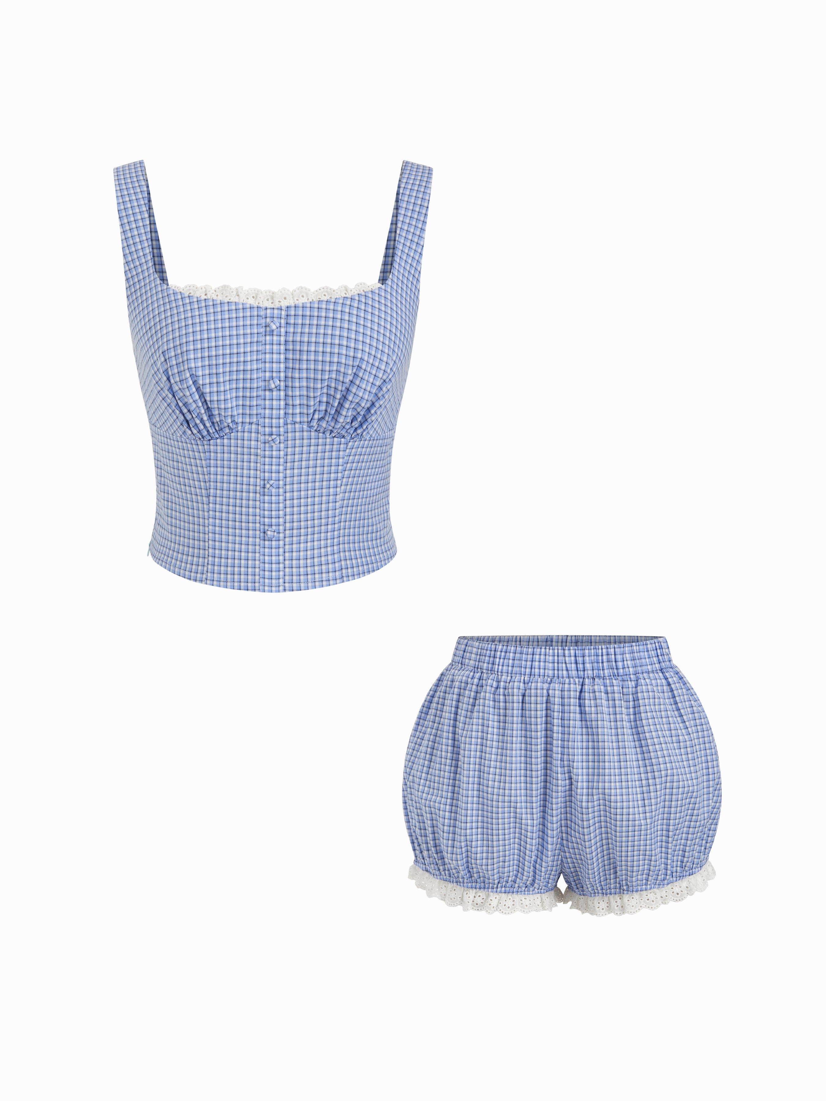 Cotton Square Neck Lace Panel Gingham Top & Mid Rise Bubble Hem Shorts Set by CIDER