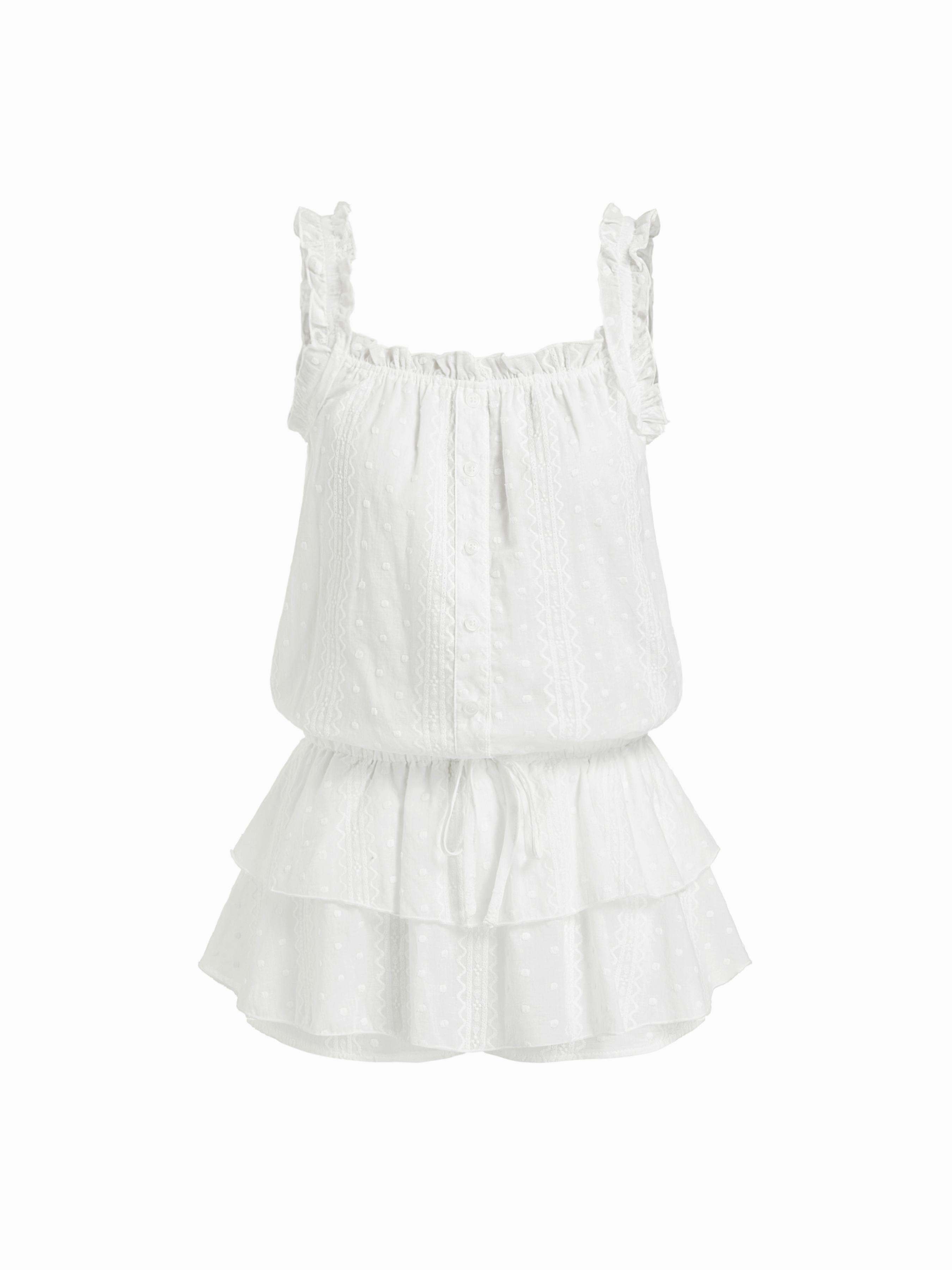 Cotton Square Neck Lace Textured Ruffled Drawstring Lettuce Trim Romper by CIDER