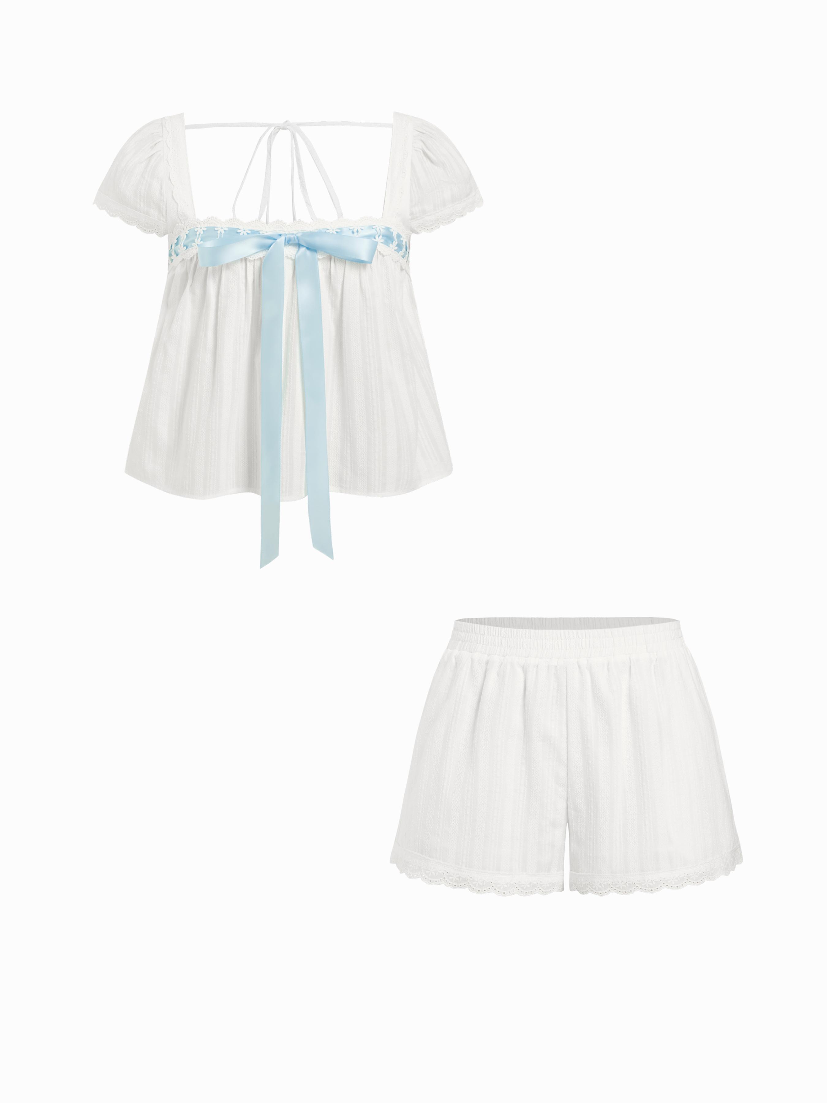 Cotton Square Neck Puff Sleeve Bowknot Top & Shorts Set by CIDER