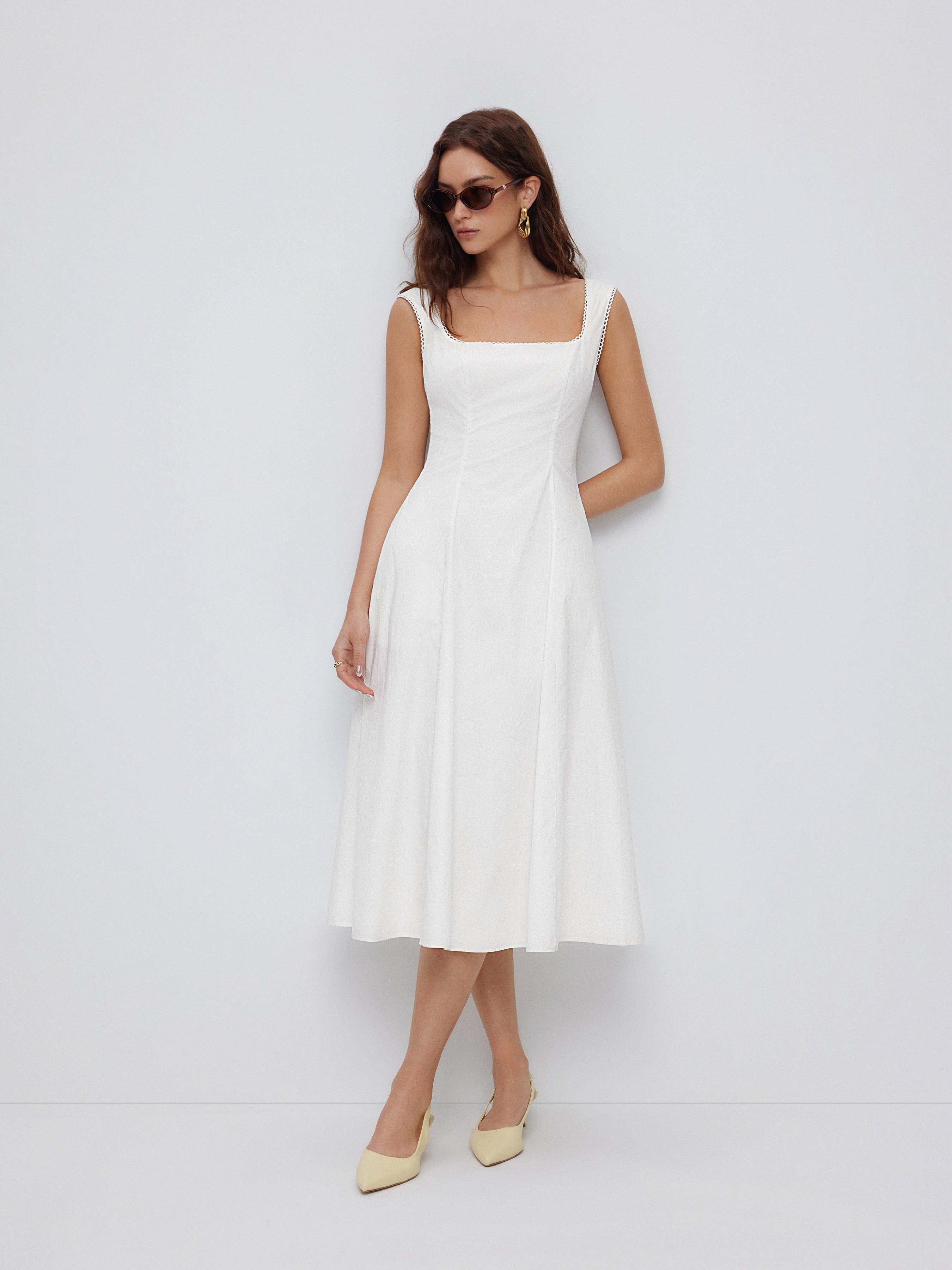 Cotton Square Neck Shirred Pocket A-line Midi Dress by CIDER
