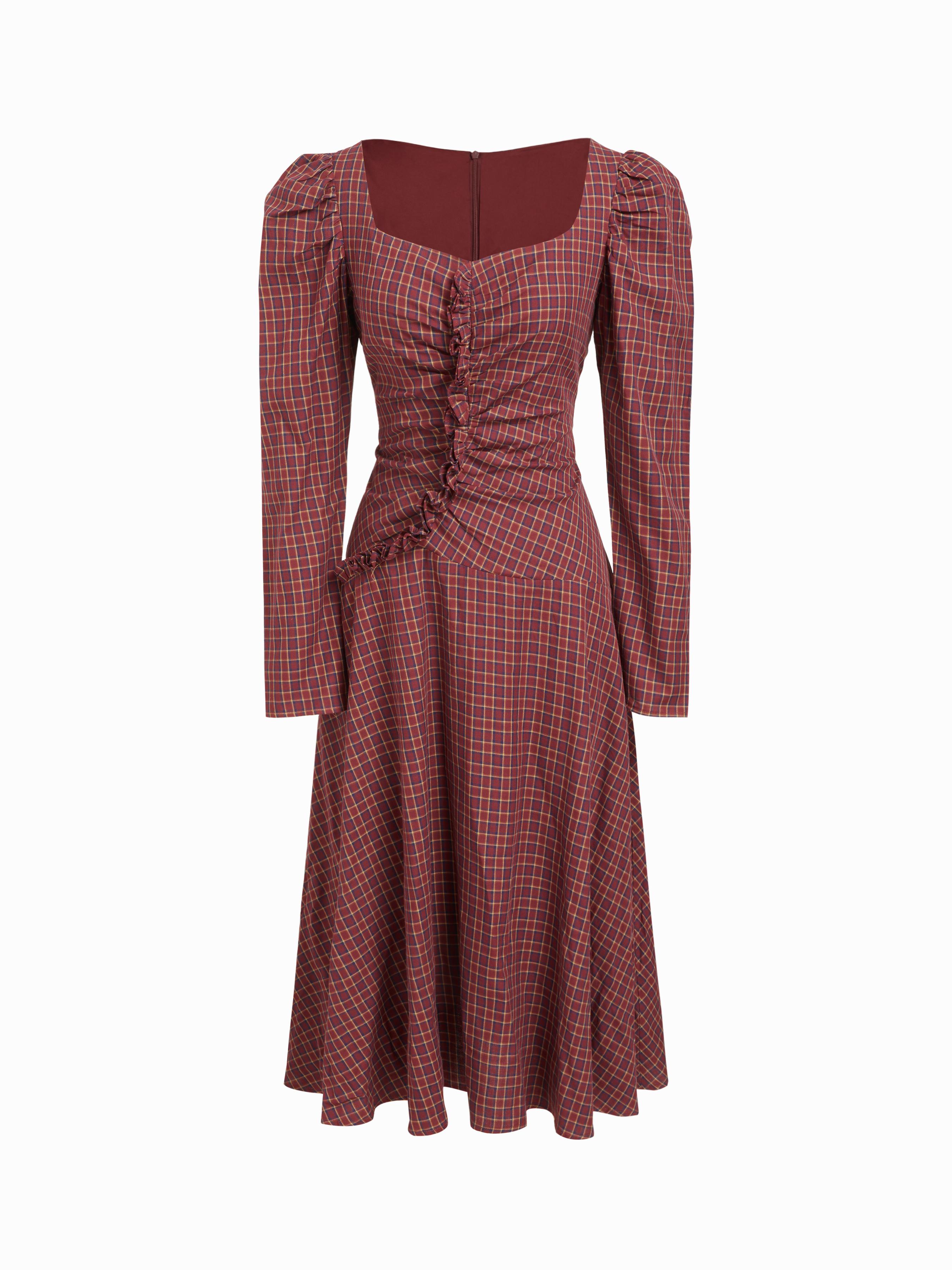 Cotton Square Neck Tartan Plaid Ruched Ruffled Trim Maxi Dress by CIDER