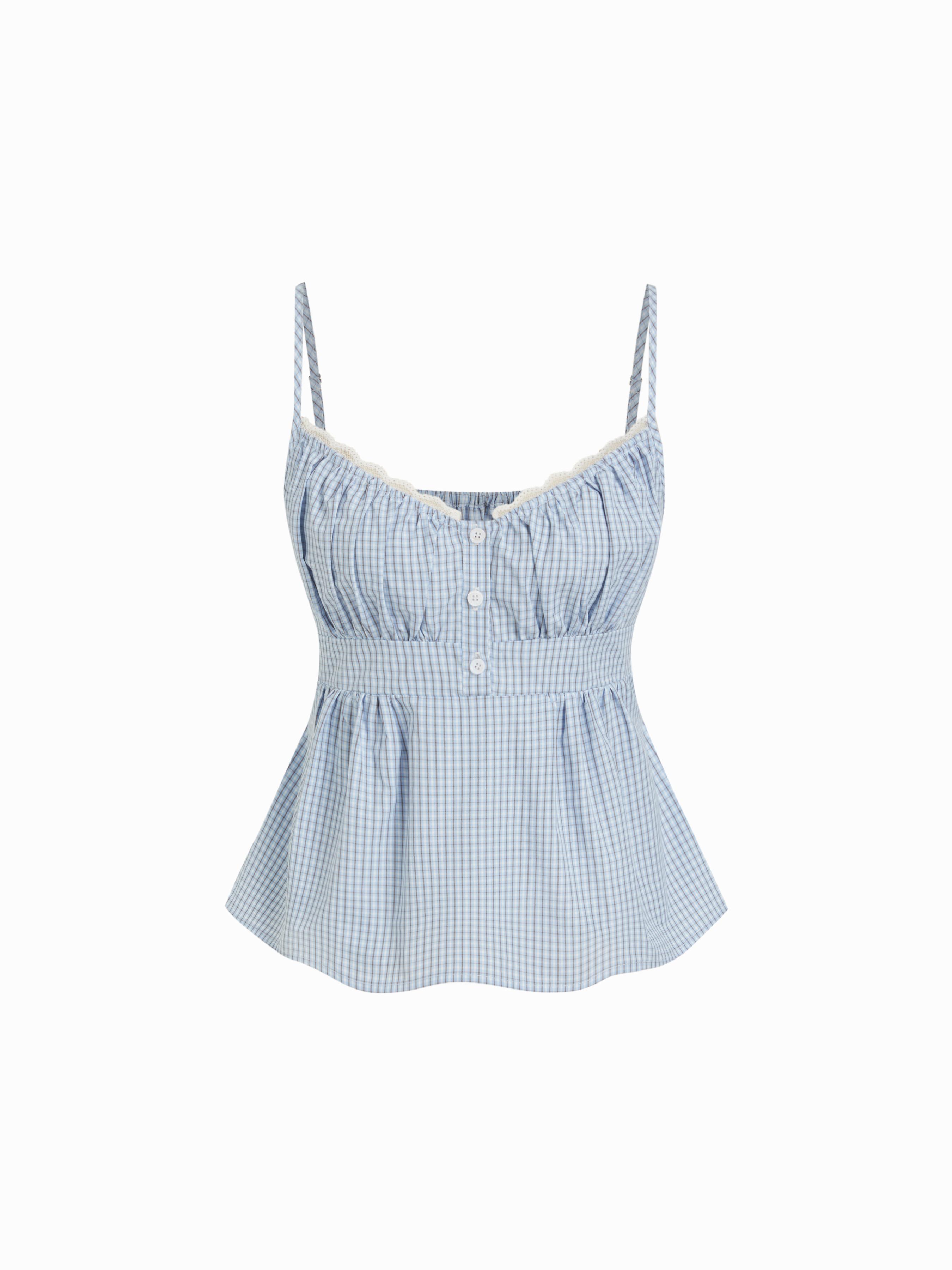 Cotton Stripe V-Neck Lace Panel Button Tie Back Peplum Cami Top by CIDER
