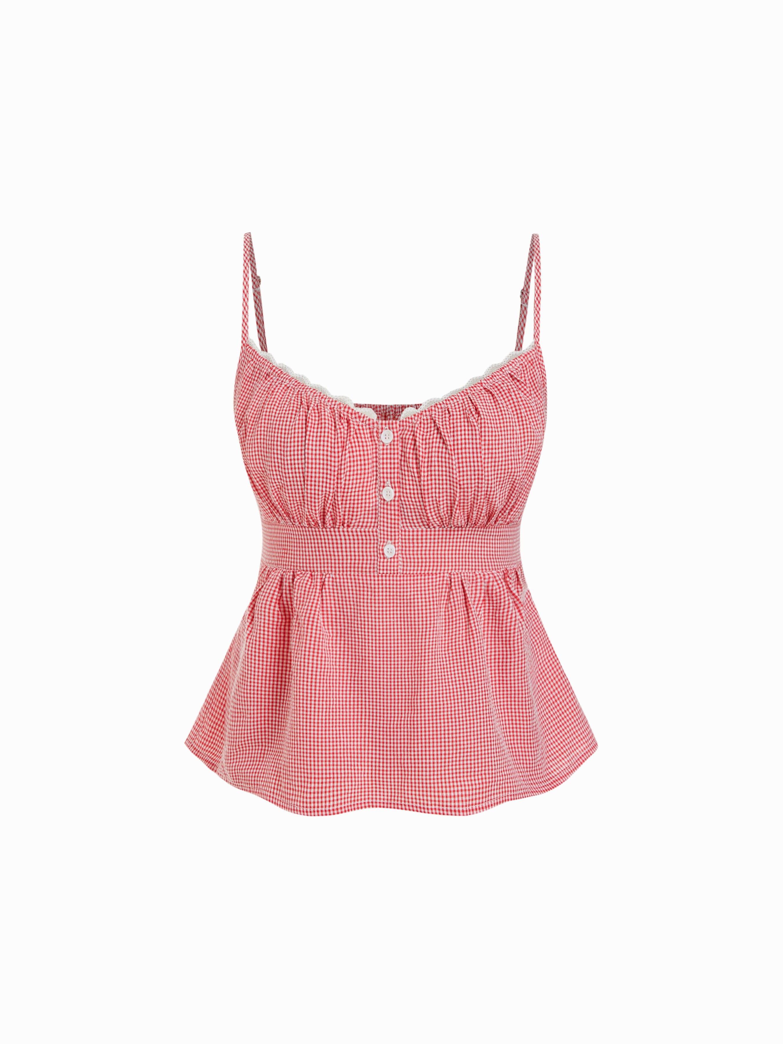 Cotton Stripe V-Neck Lace Panel Button Tie Back Peplum Cami Top by CIDER