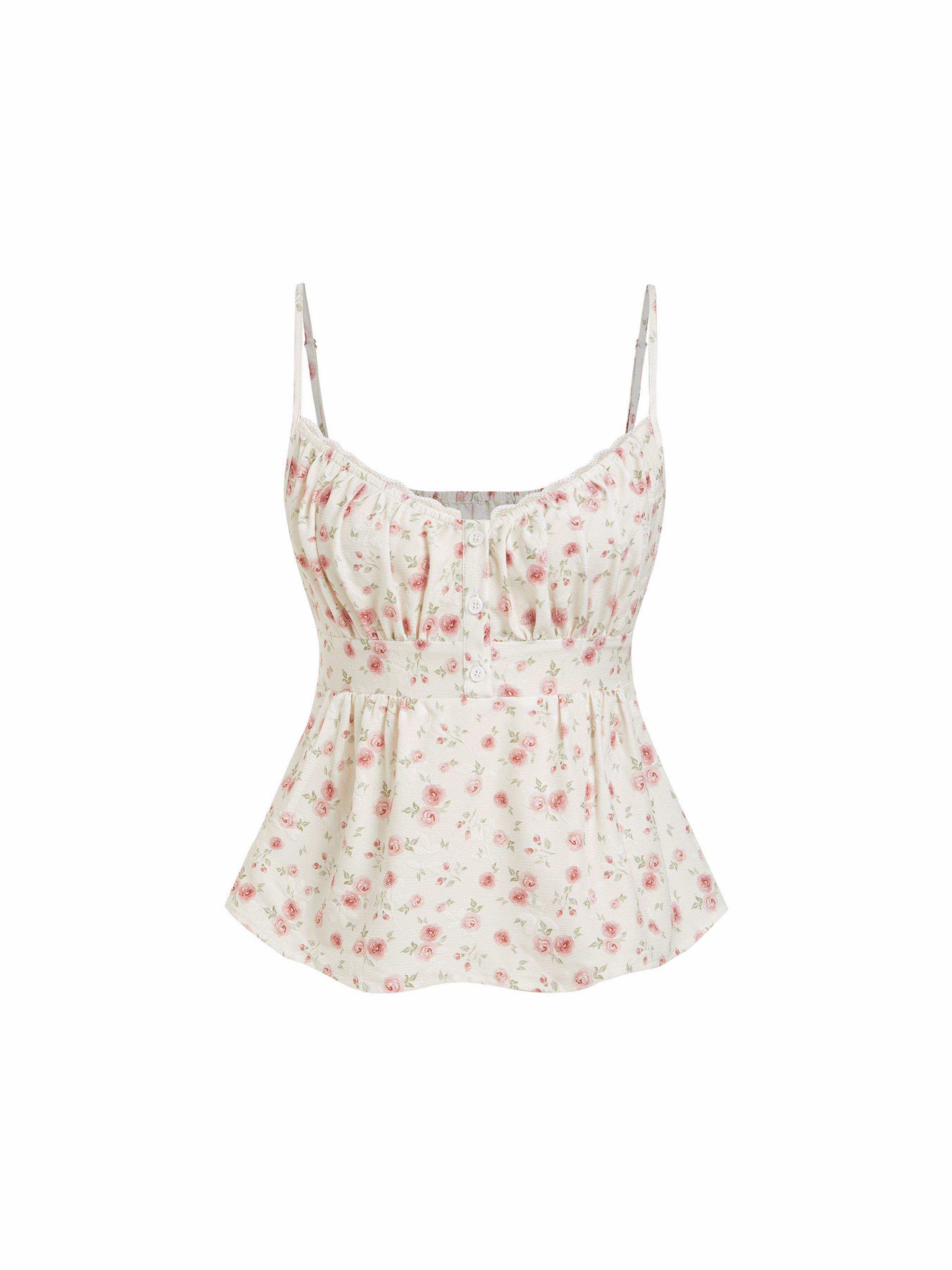 Cotton Stripe V-Neck Lace Panel Button Tie Back Peplum Cami Top by CIDER