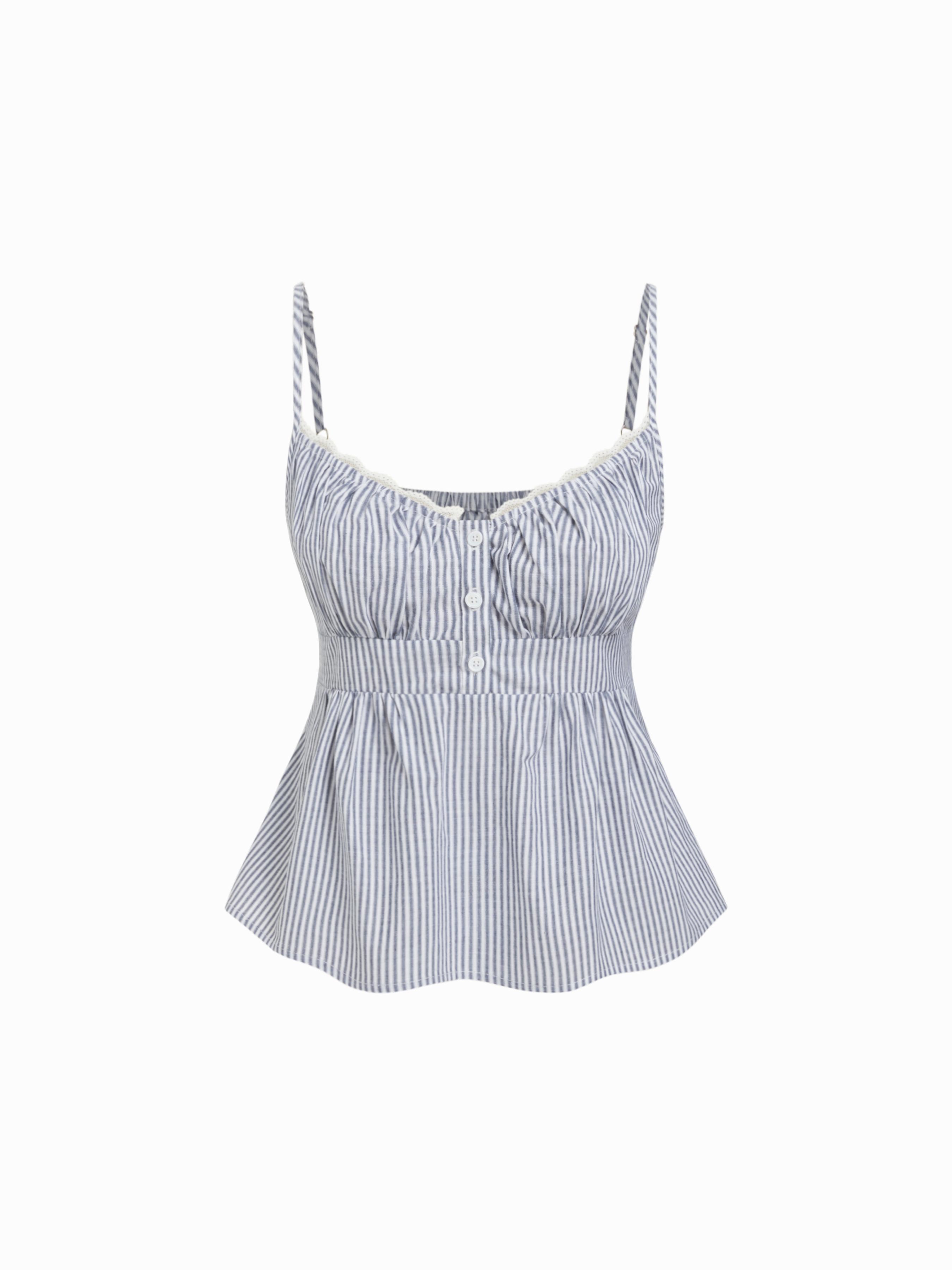 Cotton Stripe V-Neck Lace Panel Button Tie Back Peplum Cami Top by CIDER