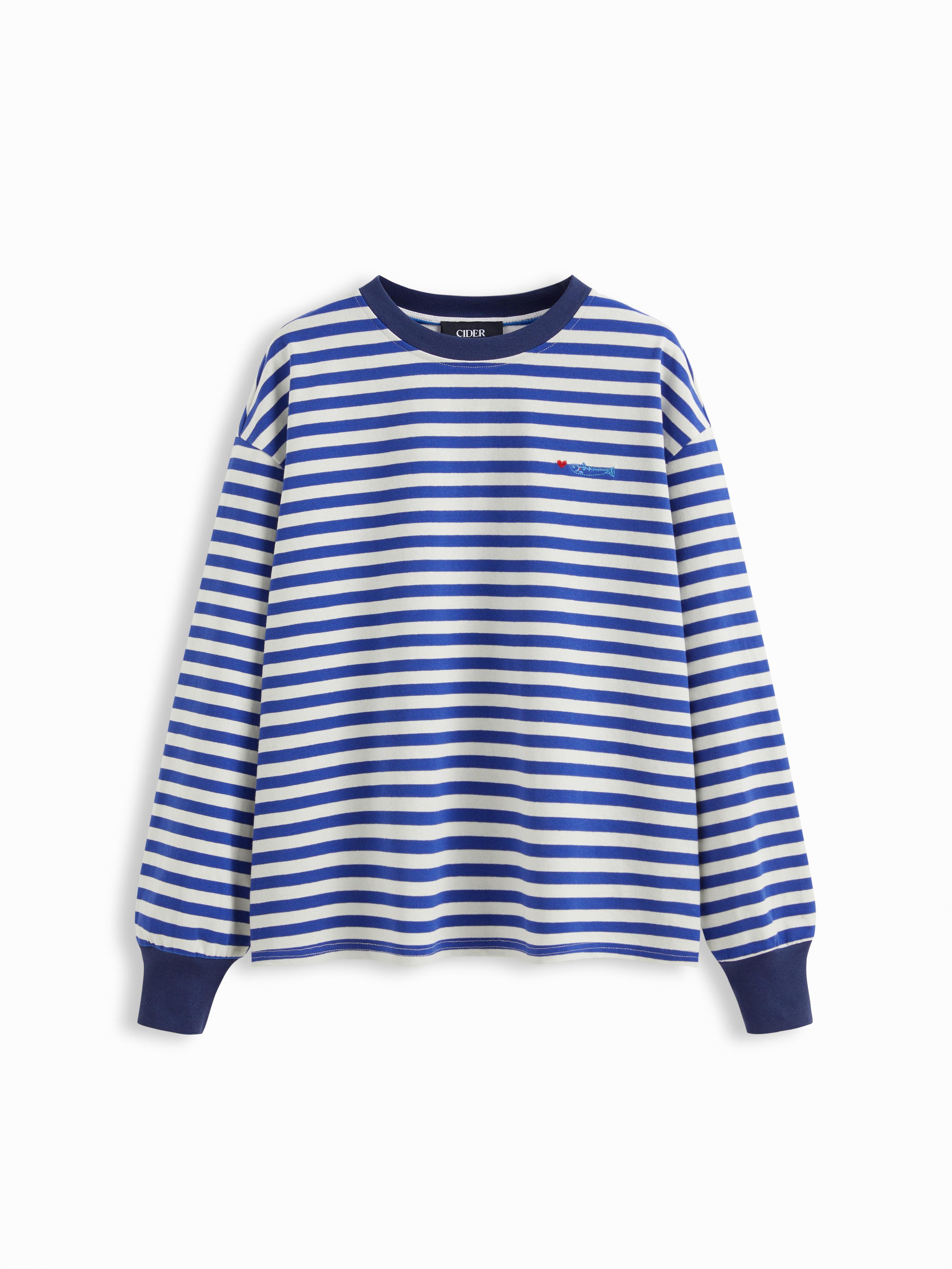 Cotton Striped Fish Embroidery Contrasting Binding Long Sleeve Tee by CIDER
