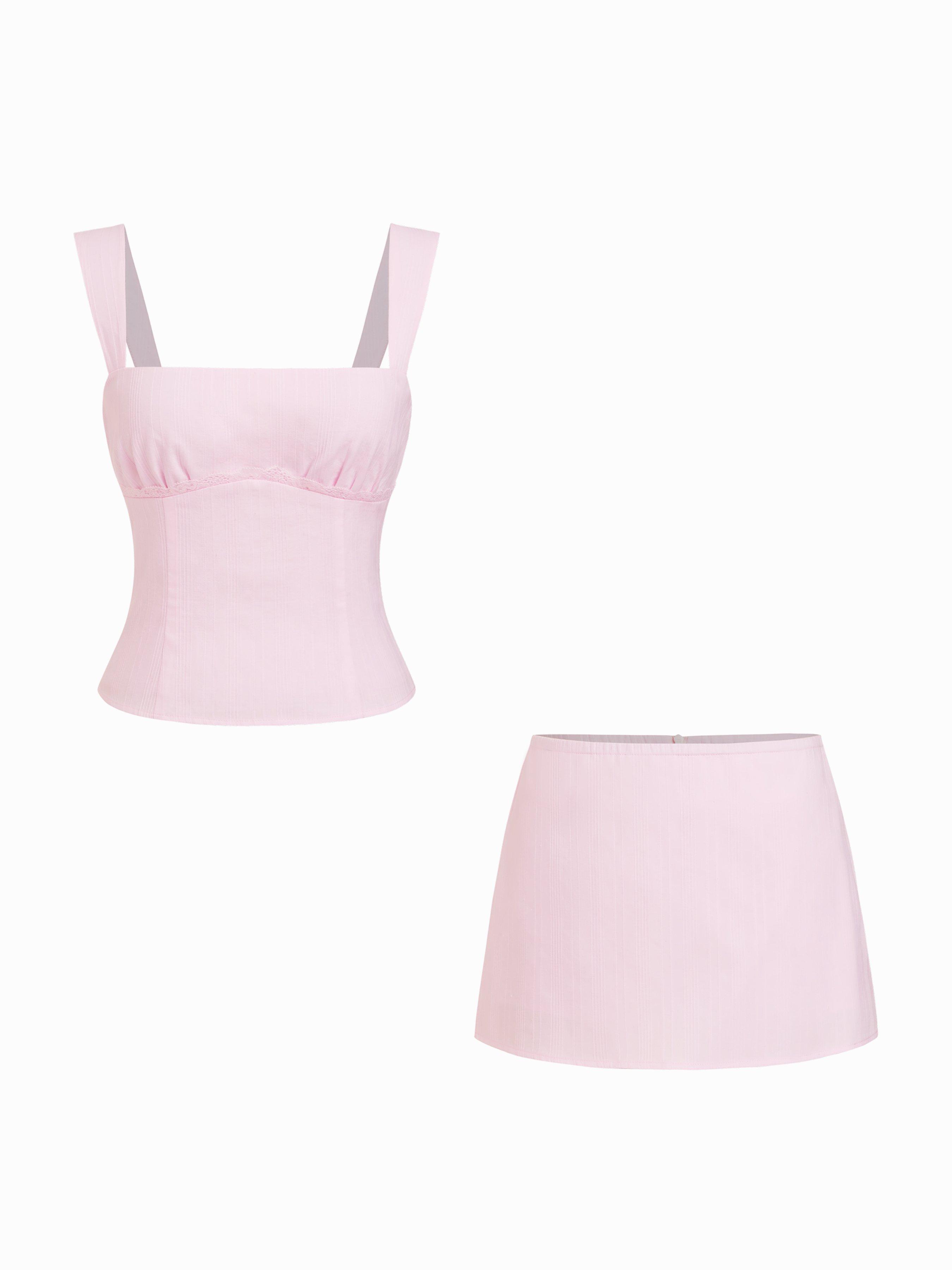 Cotton Textured Square Neck Bowknot Top & Mid Rise Mini Skirt Set by CIDER