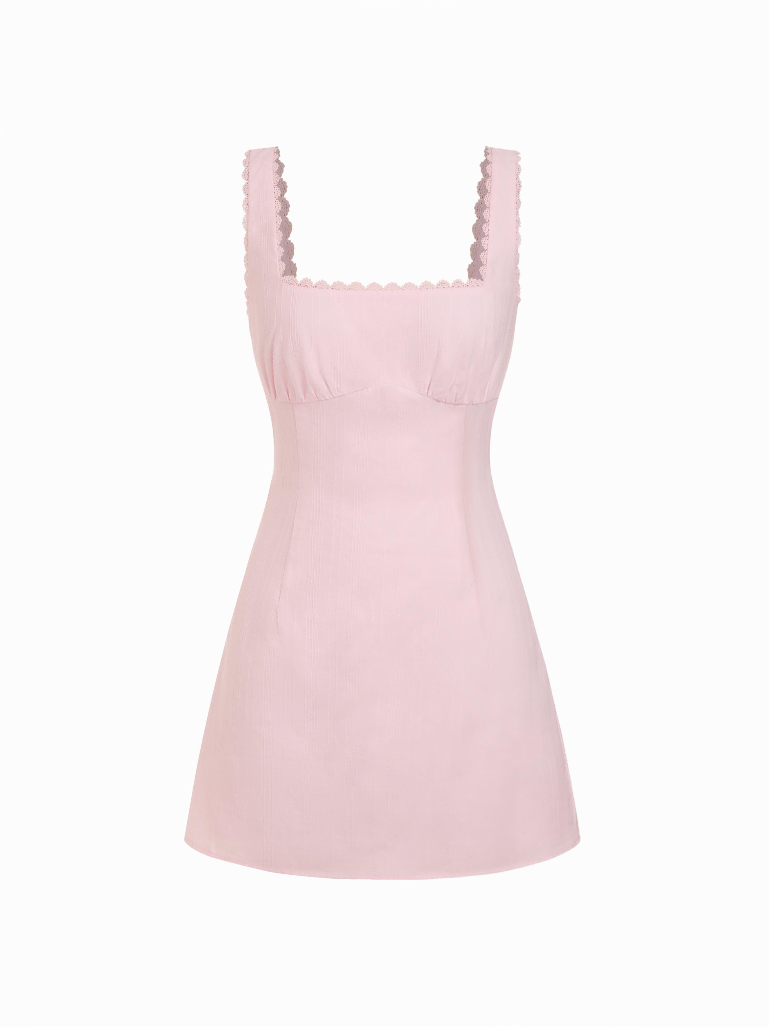 Cotton Textured Square Neck Lace Trim A-line Mini Dress by CIDER