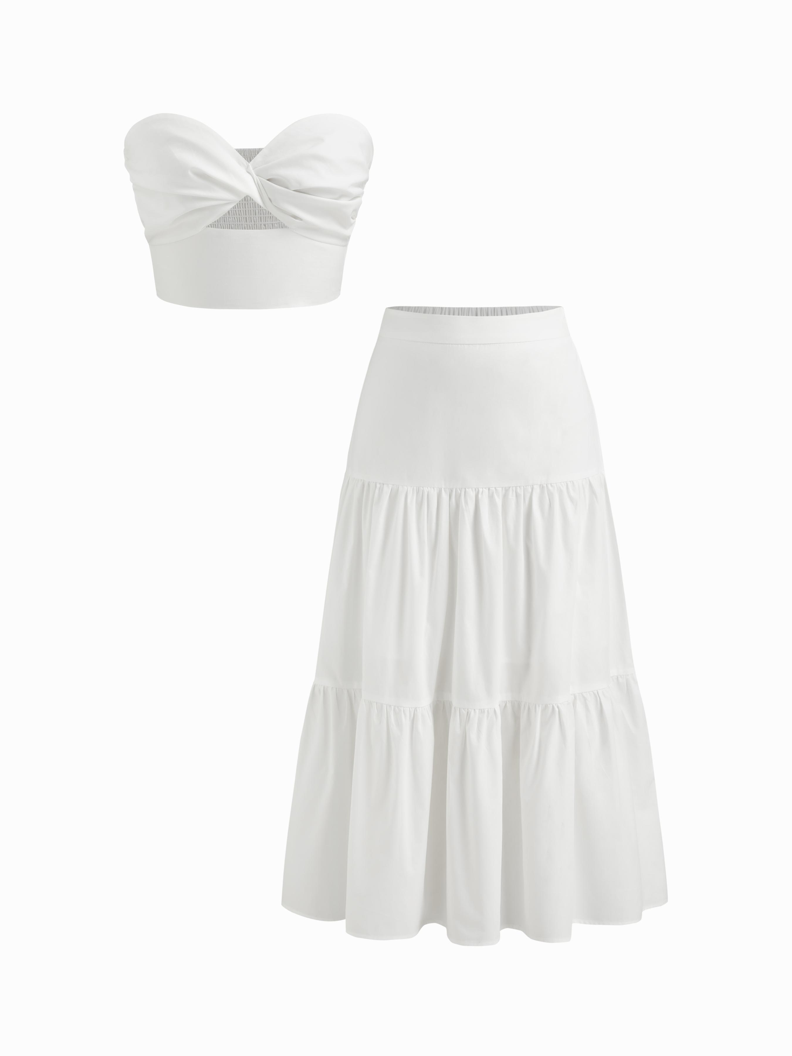 Cotton Twist Crop Bandeau Top & Mid Rise Tiered Maxi Skirt Set by CIDER