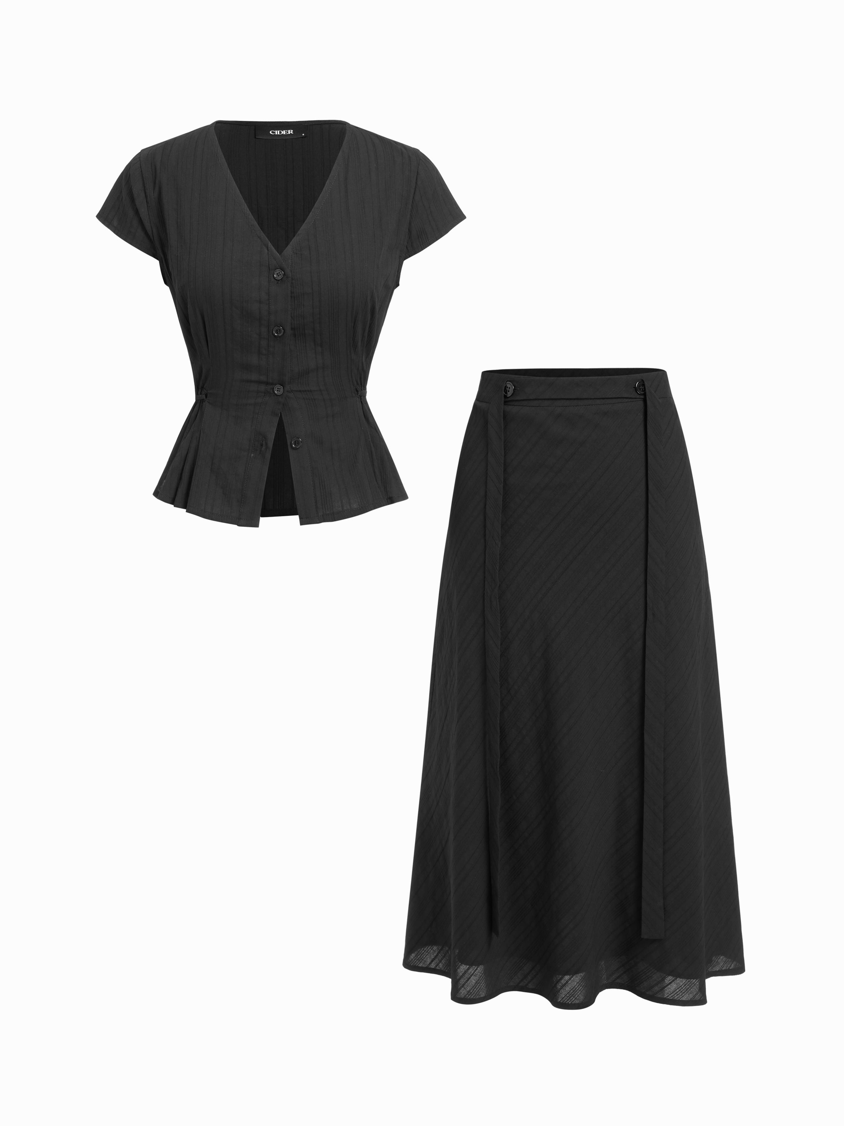 Cotton V-Neck Button Front Peplum Top & Mid Rise A-line Maxi Skirt Set With Belt by CIDER